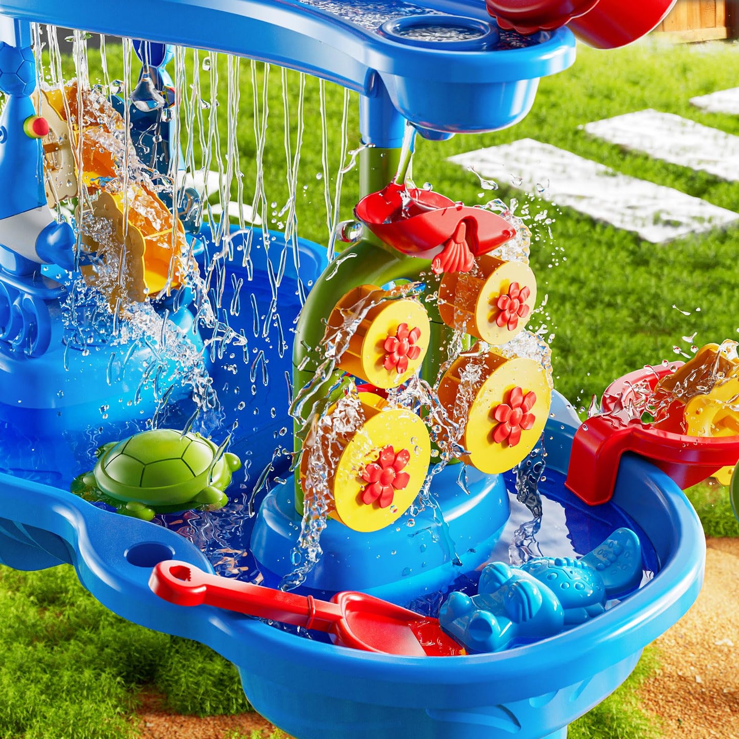 DULONIME 3-Tier Sand and Water Activity Table for Kids 3-8, Sensory Play Table with Waterfall Design & Beach Toy Set, Outdoor Backyard Playset for Toddlers 2-6, Great Birthday Present