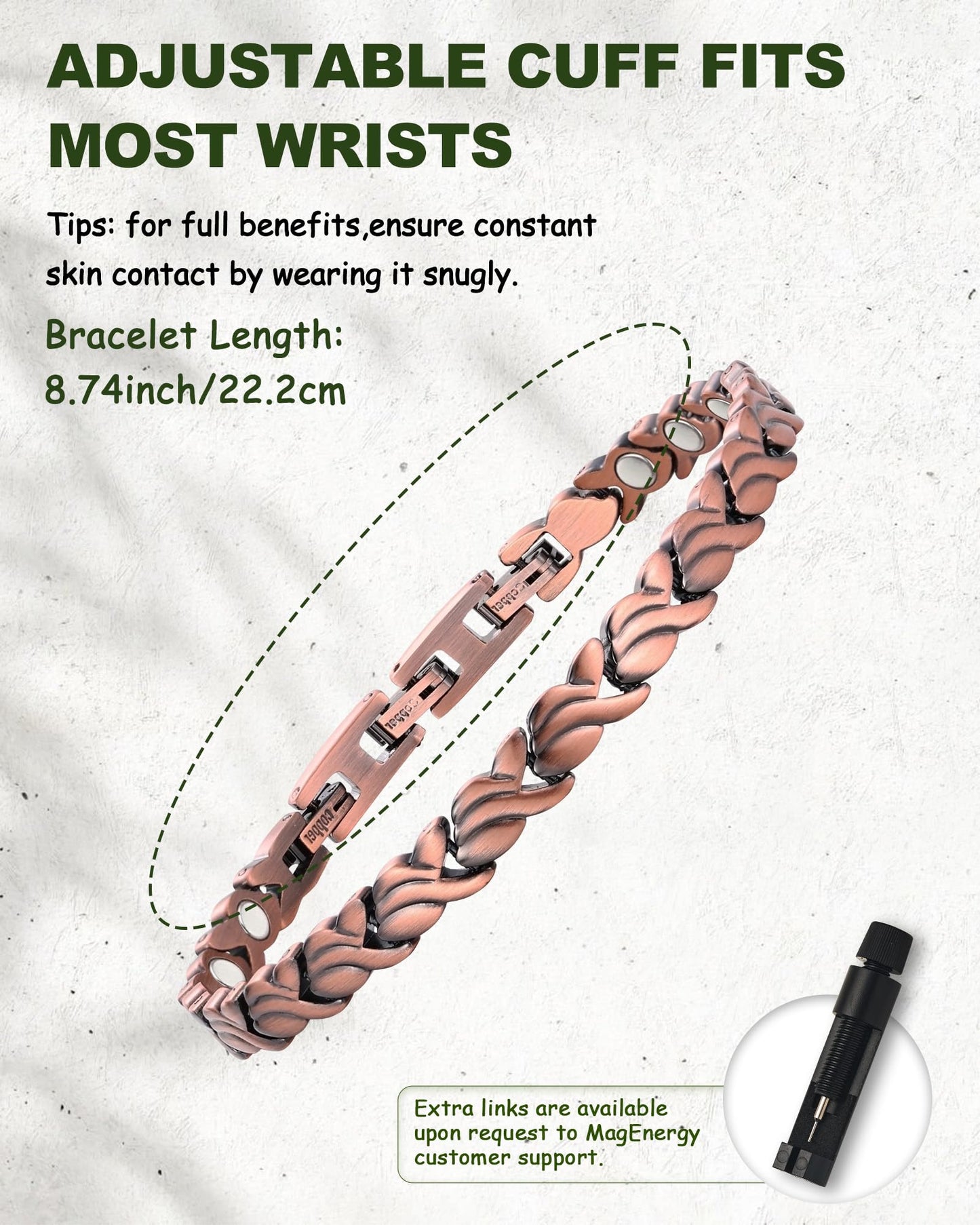 MagEnergy Copper Bracelet for Women, 99.99% Pure Solid Copper Bracelet with 3500 Gauss Magnetic, Adjustable, Jewelry Gift (Copper-Fishtail+Ring)