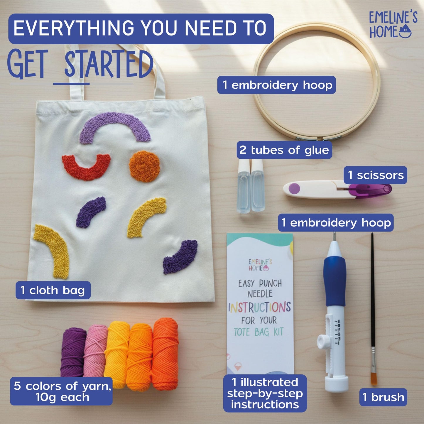 EMELINE'S HOME DIY Stitching Tote Bag Reusable - Punch Needle Kit - Punch Needle Kits Adults Beginner - Includes Printed Tote Bag, Tools, Yarn, Instructions and Video Tutorial