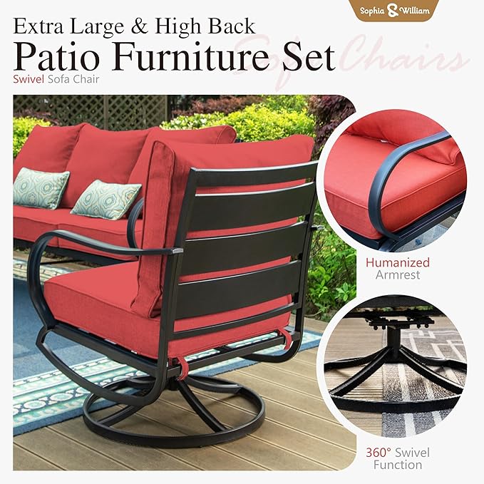 Sophia & William Patio Furniture Sets for 5 Outdoor Metal Conversation Sets 5 Pcs with 2 x Cushioned Swivel Sofa Chairs, 2 x Ottomans as Coffee Table, 1 x 3-Seat Sofa, Lawn Backyard Poolside Red