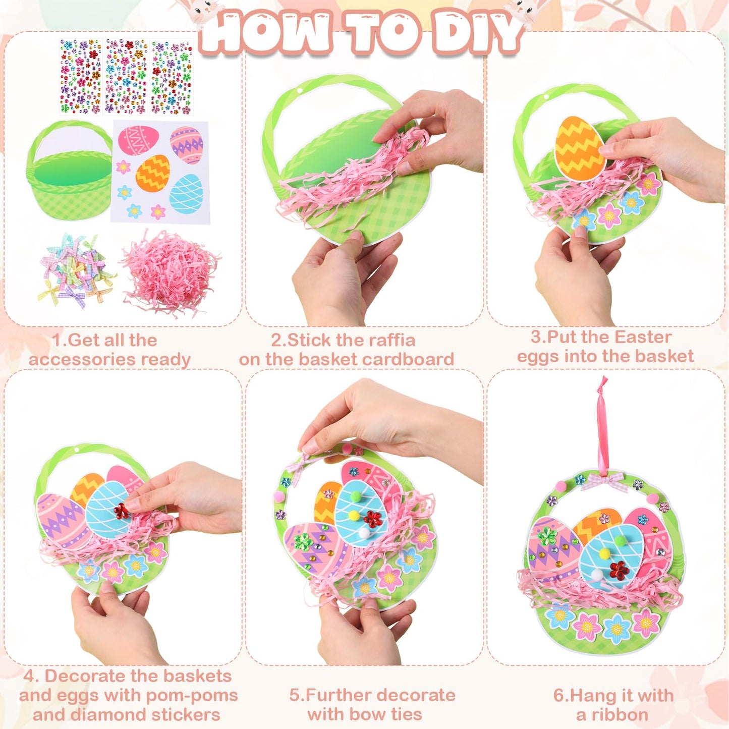 Funrous 48 Sets Easter Crafts Kit Easter Basket Egg Paper Crafts DIY Make Your Own Basket Hanging Ornaments Decorations with Pompoms Diamond Stickers Spring Classroom Activity Arts Gifts Party Favors