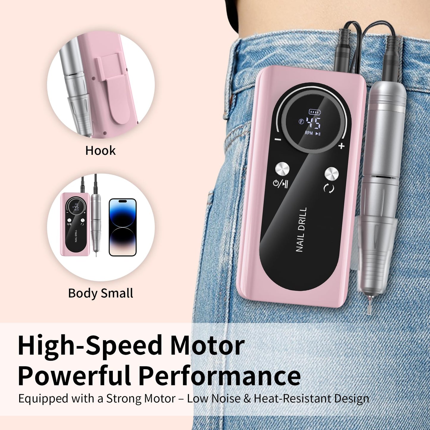 Electric Nail Drill Machine 45,000RPM - Professional Electric and Rechargeable Nail Drill with LCD Display, 6 Bits and 30 Sanding Bands, Low Heat Quiet E-File for Acrylic Gel Nails (Pink)