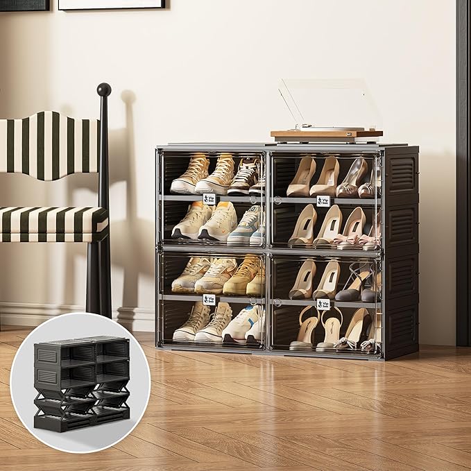 Black Shoe Rack Organizer Cabinet for Closet Entryway,Clear Shoe Storage Boxes Stackable Sneaker Storage with Door Easy Assembly Shoe Cabinet with Lids Large 4 Tiers 16 Pairs