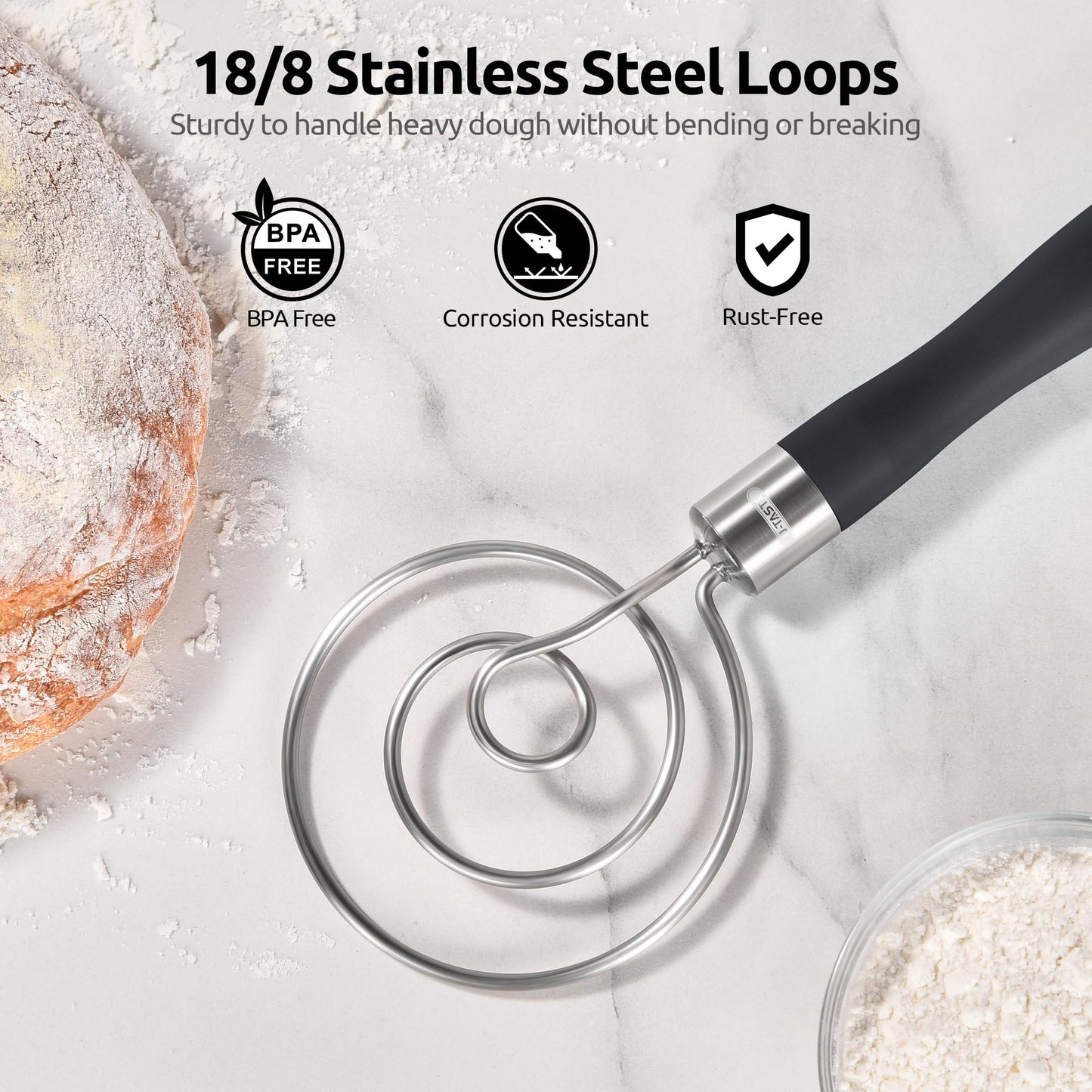 U-Taste 12.6" Danish Dough Whisk: 18/8 Stainless Steel Heavy-Duty Sourdough Mixer Tool, Food Grade Dutch Style Seamless Bread Wisk, Sturdy for Mixing, Stirring, Pressing, Kneading Thick Batter (Black)