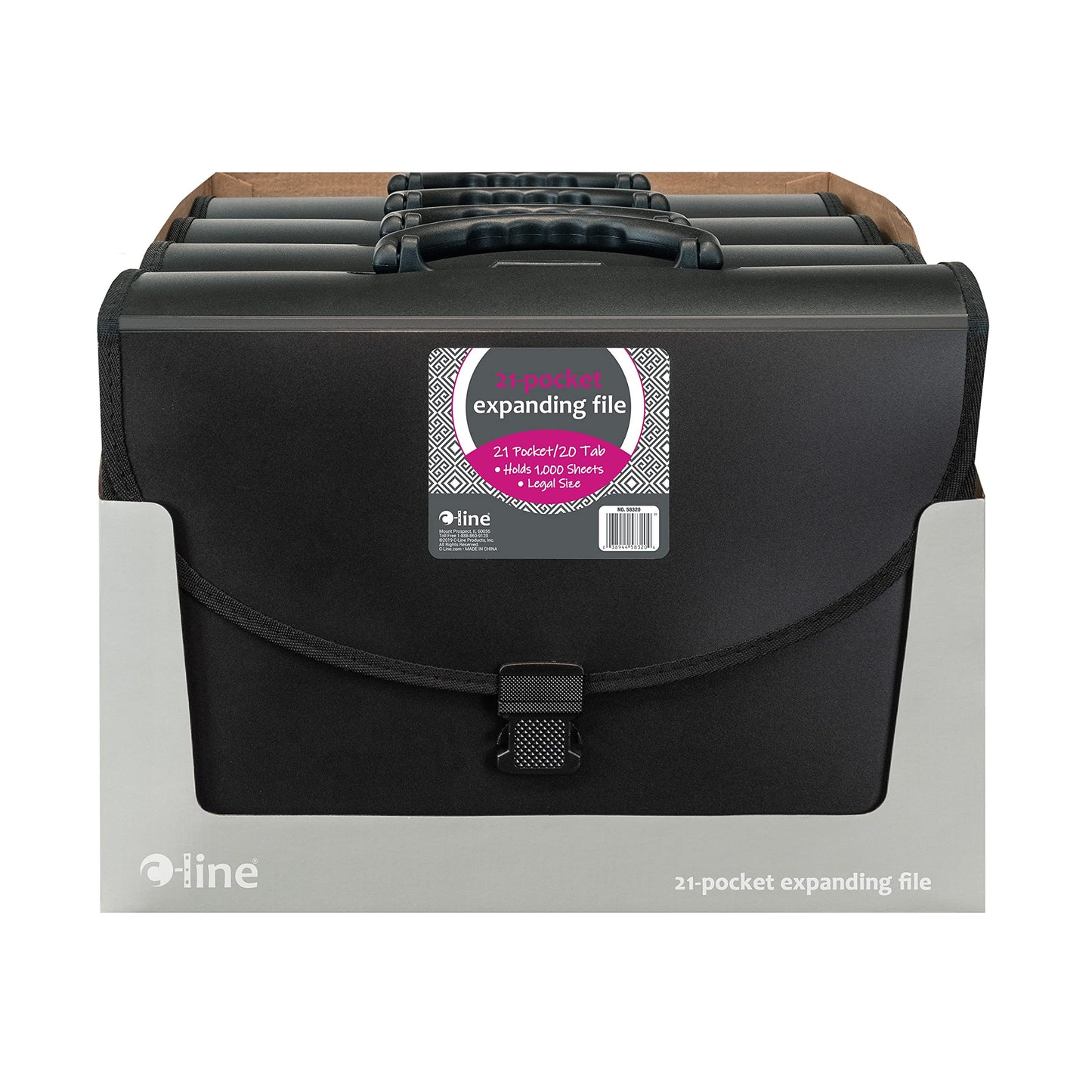 C-Line 21-Pocket Poly Expanding File with Handle, Includes Tabs, Locking Closure, Legal Size, Black (58320), Traditional