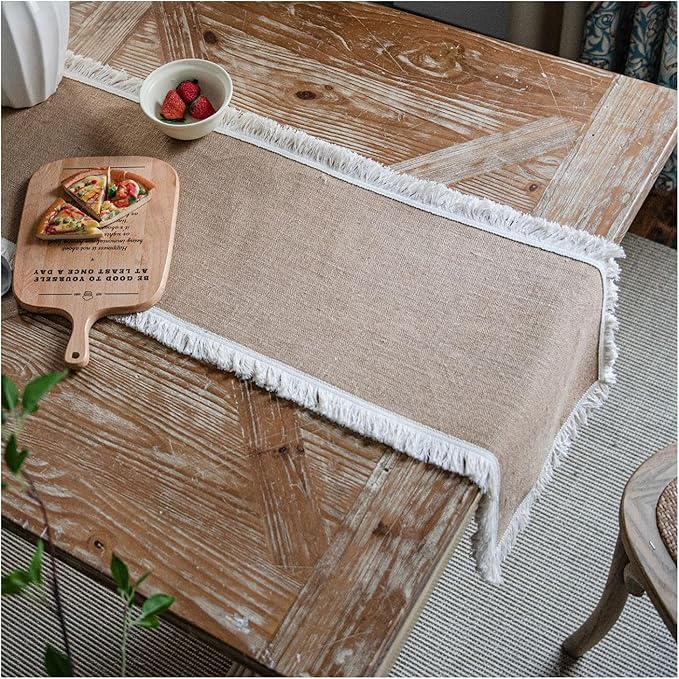 Natural Jute Table Runner, Burlap Style Table Runner, Rustic Farmhouse Table Runner Country Vintage for Wedding, Party Table Decorations, Boho Décor Jute White Tassel 12x87 inch TAB28