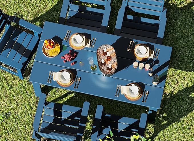 GREENVINES Outdoor Dining Table | 67’’ | HDPE | Rectangle Tables for 6 | All-Weather | Umbrella Hole | Patio Furniture | for Poolside Backyard Garden | Blue