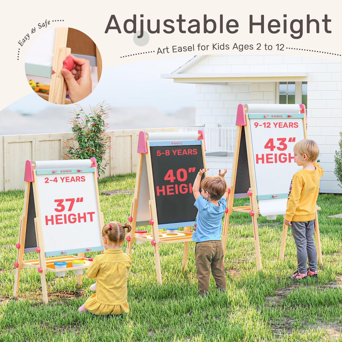 WINGYZ 3-in-1 Art Easel for Kids – Sturdy Pine Wood Easel with Magnetic Whiteboard, Chalkboard & 400" Paper Roll, Foldable Adjustable Heights for Ages 2-12, Complete Tool-Free Art Station