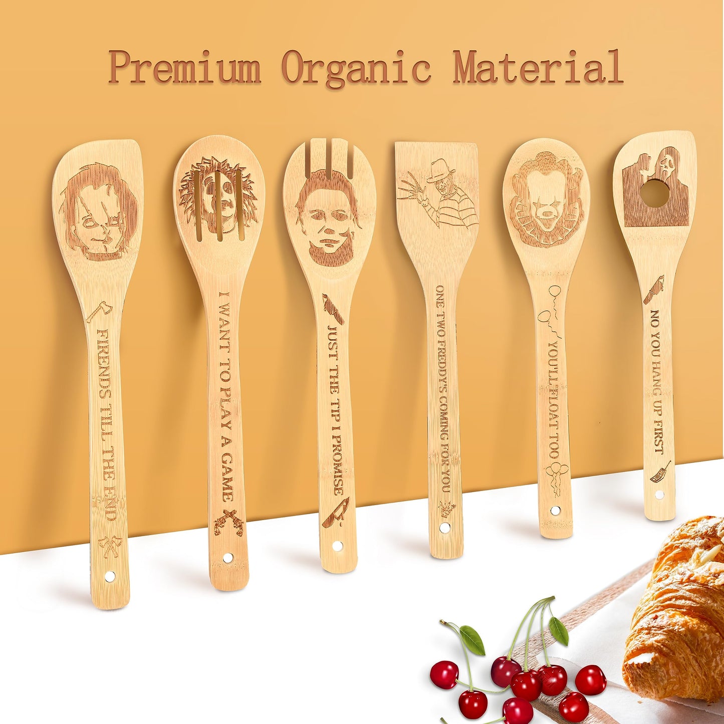 Halloween Bamboo Spoons Set of 7 - Engraved Spooky Wooden Utensils with Holder, Kitchen Decor Gift for Halloween Party Christmas
