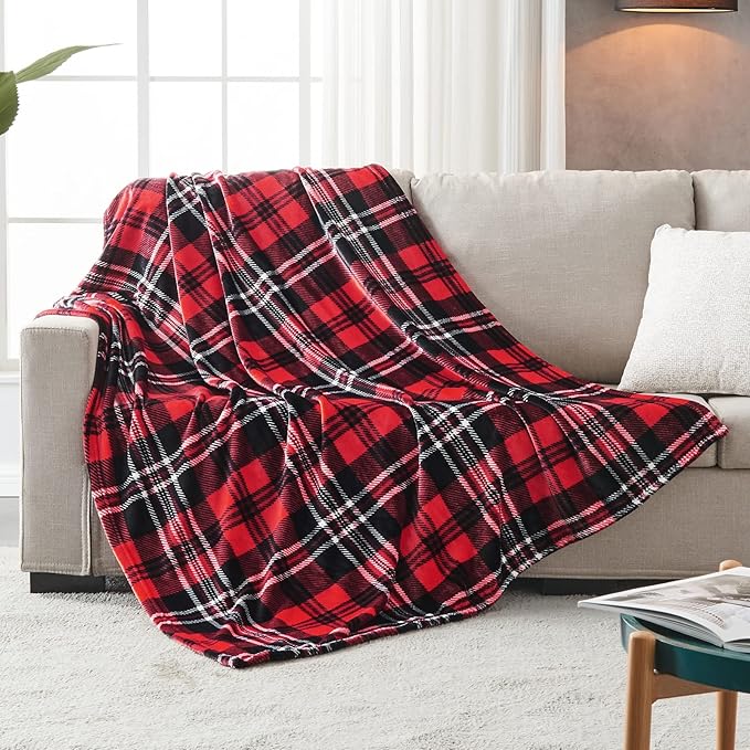 SOCHOW Flannel Fleece Throw Blanket 90 x 90 Inches, All Season Plaid Red/Grey Blanket for Bed, Couch, Car