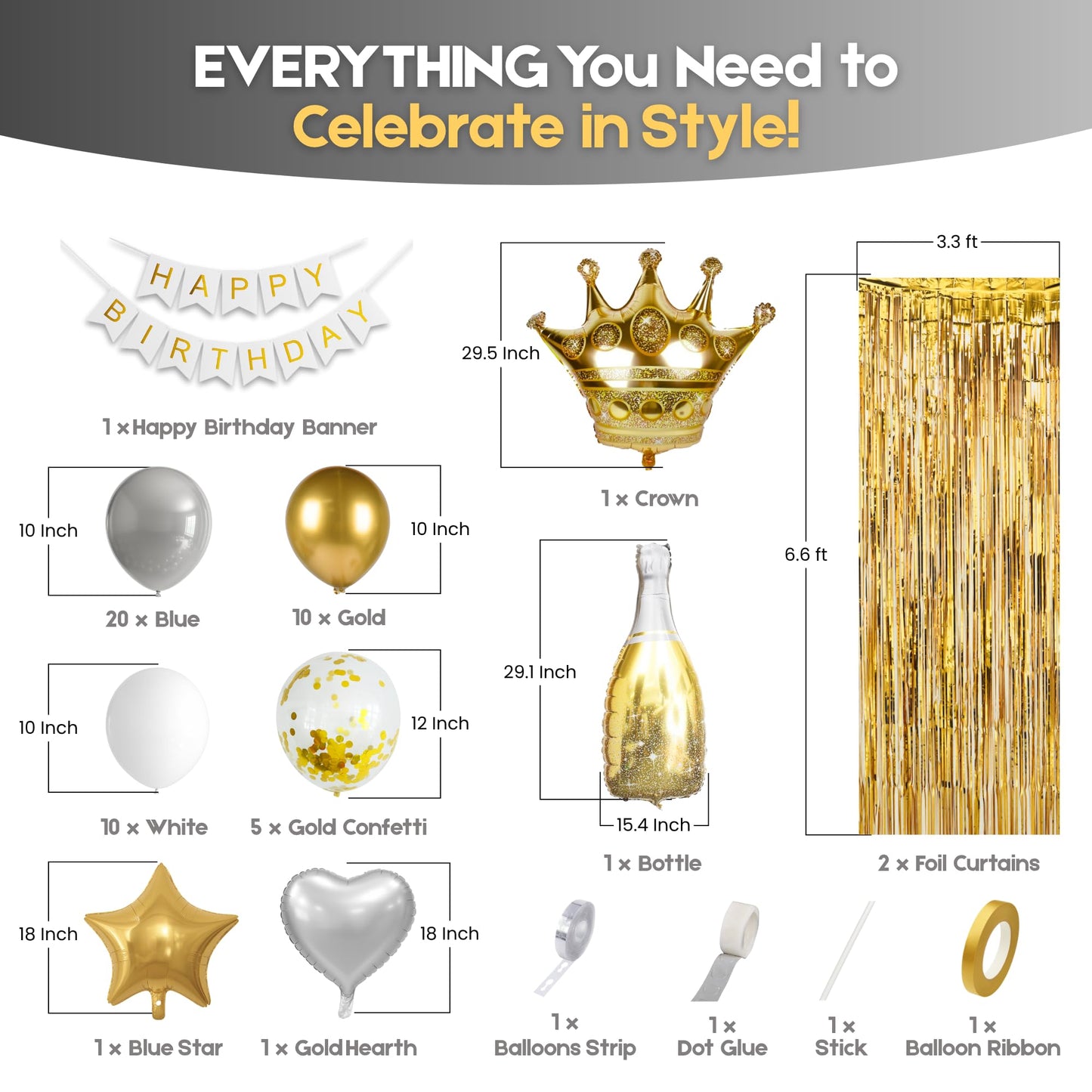 BURGANN Gold Birthday Party Decorations Set, White Silver Gold Balloon Garland Kit with Banner, Crown, Champagne Bottle, Foil Backdrop