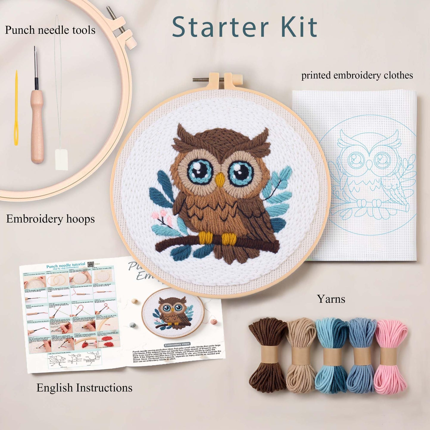Harimau Punch Needle Kit Owl Pattern,1Pc Embroidery Hoop, Essential Punch Needle Supplies,Ideal Punch Art for Beginners,DIY Adults Embroidery, Video Teaching