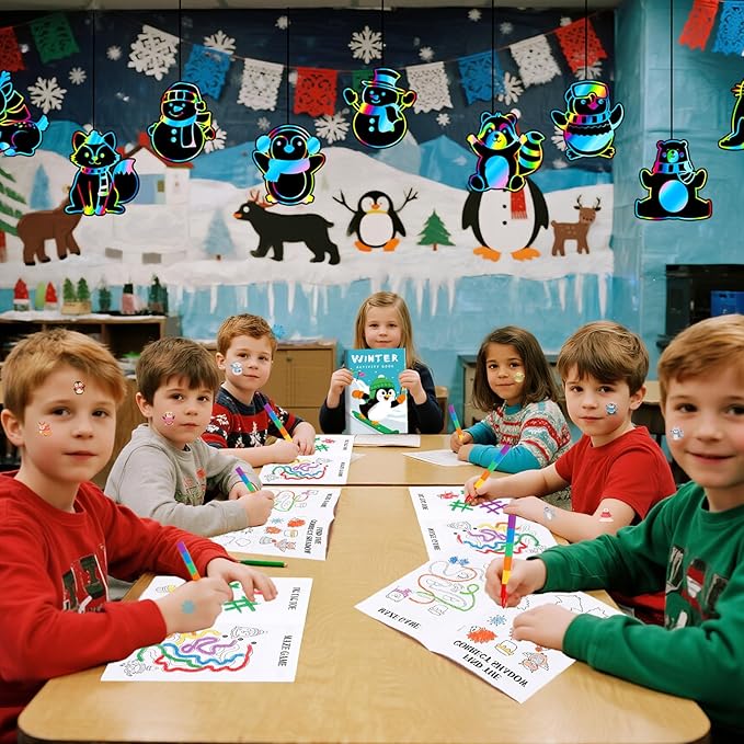 BenLouis Winter Party Favors Set Holiday Themed Coloring Book Classroom Gift Prizes Bulk for Students Kids Christmas Frozen Birthday Goodie Bag Stuffers Pinata Filler (48Set Animals)