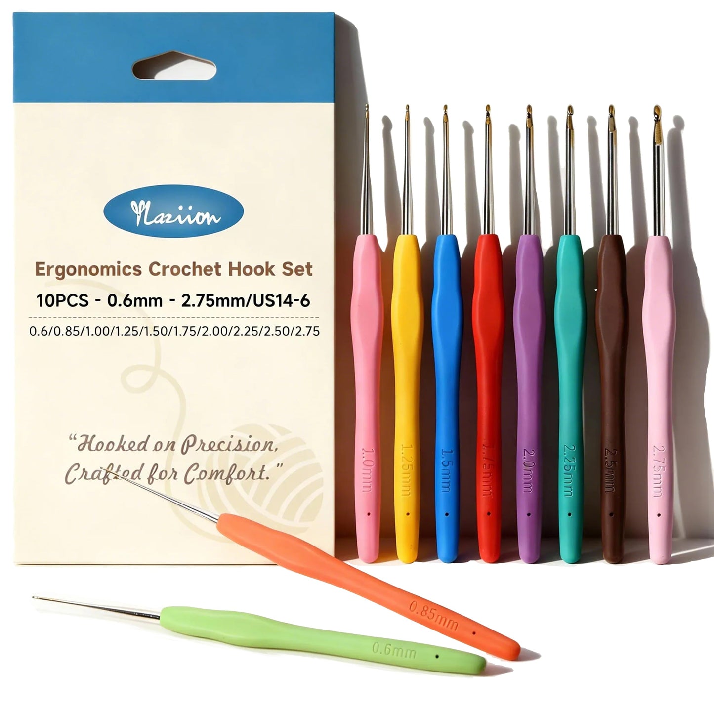 YLaziion 10PCS Small Crochet Hooks Set (0.6mm-2.75mm), Gold-Plated Steel & Ergonomic Soft Grip Handle Crochet Hook Needles Thread Crochet Hooks for Lace Knitting Needles, Yarn, Micro Amigurumi