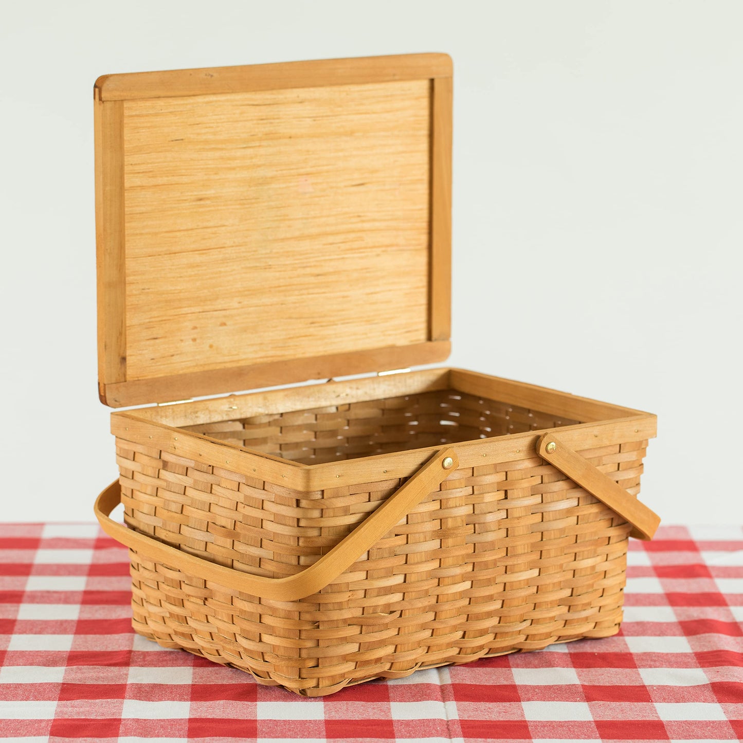 Woodchip Picnic Storage Basket with Cover and Movable Handles, Large