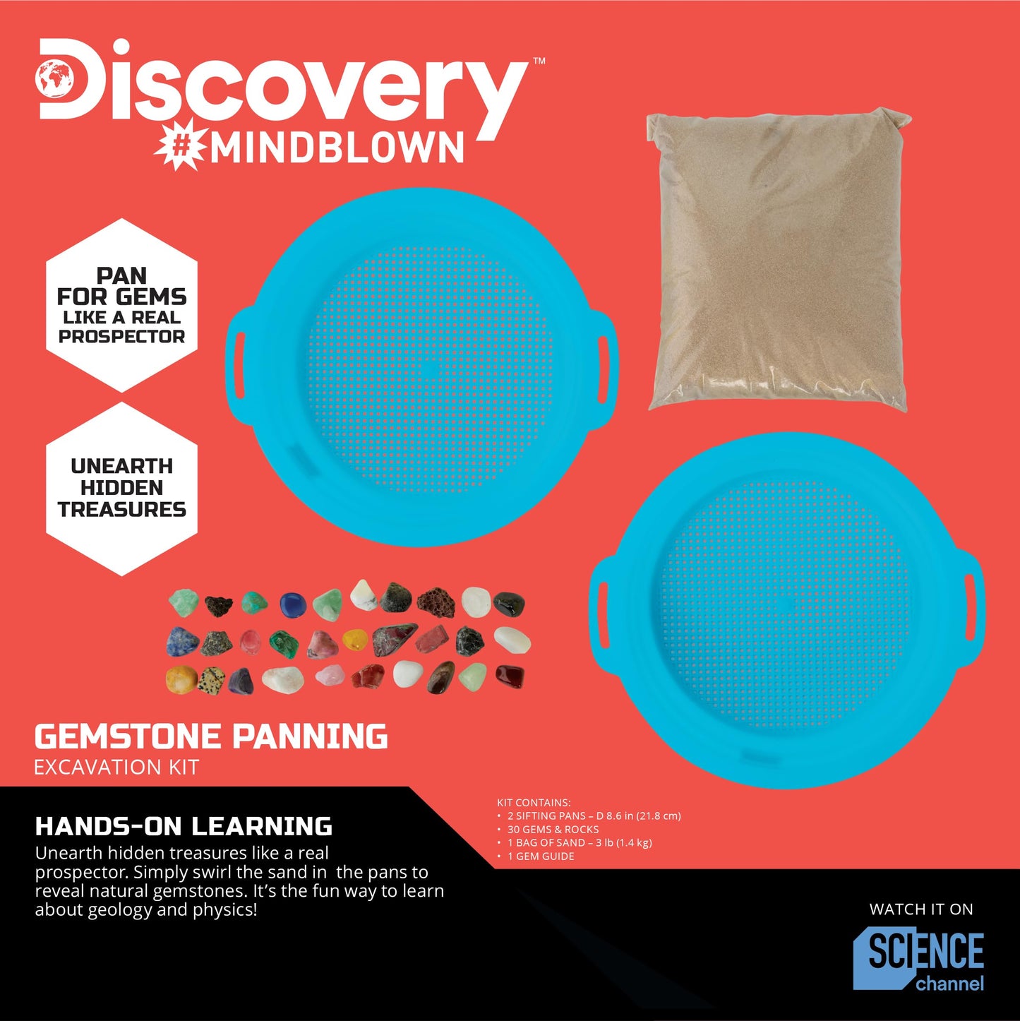 Discovery™ Gemstone Panning STEM Kit – Pan for 30 Real Gems| 2 Sifting Pans, Sand & Learning Guide| Educational Science Activity for Kids| Geology Rock Excavation Set| Boys & Girls Toy Gift| Ages 8+