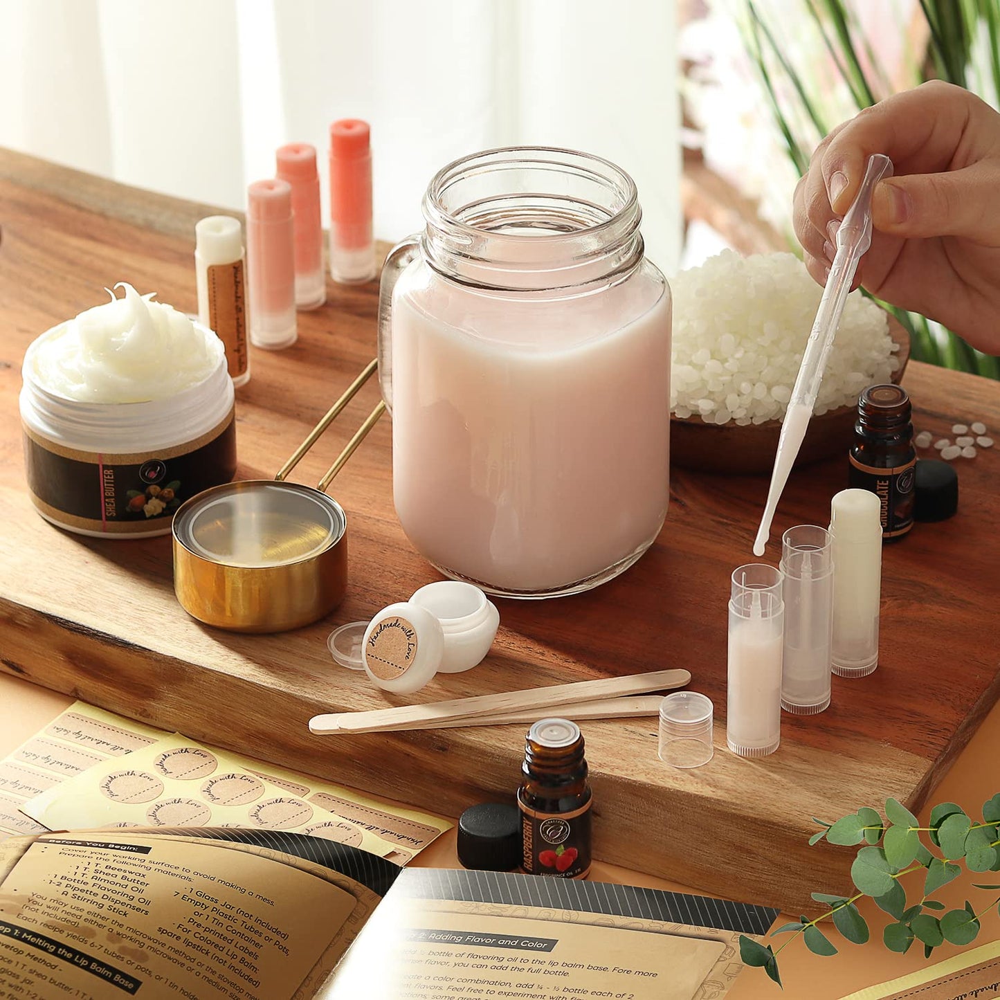 CraftZee 𝗣𝗥𝗘𝗠𝗜𝗨𝗠 Lip Balm Making Kit. DIY Lip Gloss Pack, Natural Beeswax, Shea Butter, Sweet Almond Oil, Essential Oils, Tools, Instruction Manual, Adult Craft Kit