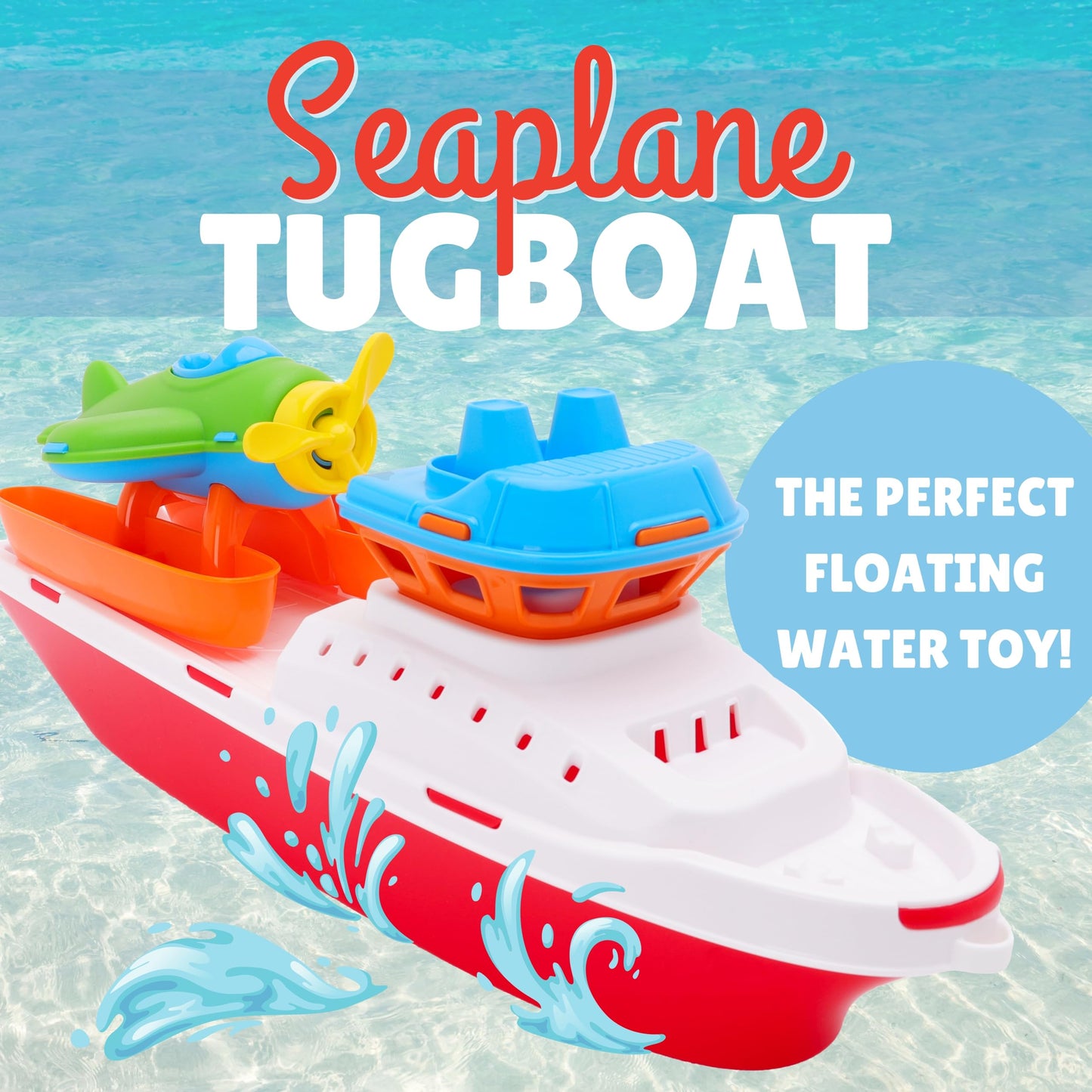 Toyland® 17" Floating Tugboat with Seaplane - Durable Water, Pool and Bathtub Toy for Kids 24 Months Plus - Non-Toxic & Easy Clean Plastic Boat
