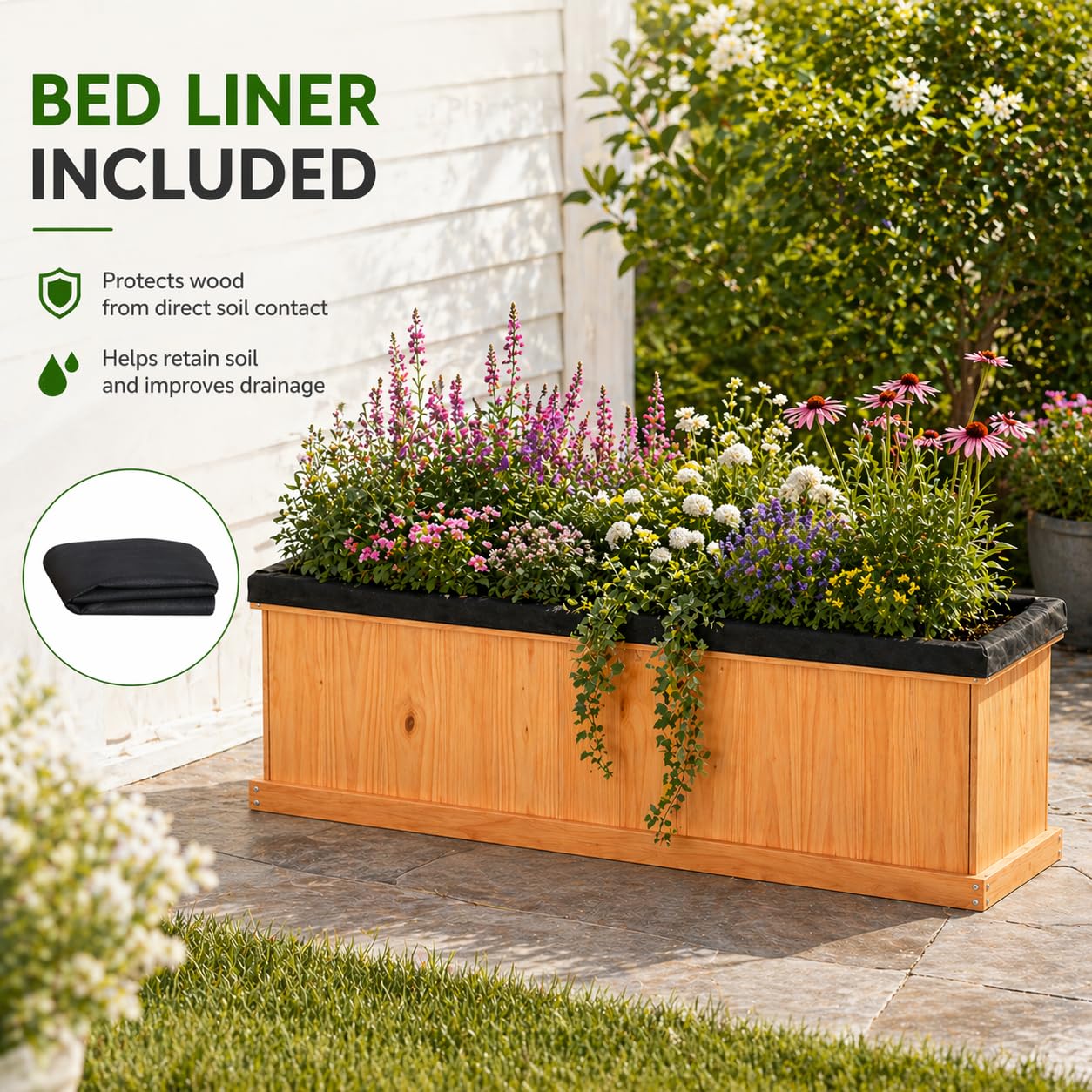 Giantex Raised Garden Bed with 3 Drainage Holes, 44”x10”x12” Wooden Elevated Planter Box w/Removable Bottom & Bed Liner, Elevated Flower Bed, Rectangular Plant Container for Vegetables Herbs & Fruits