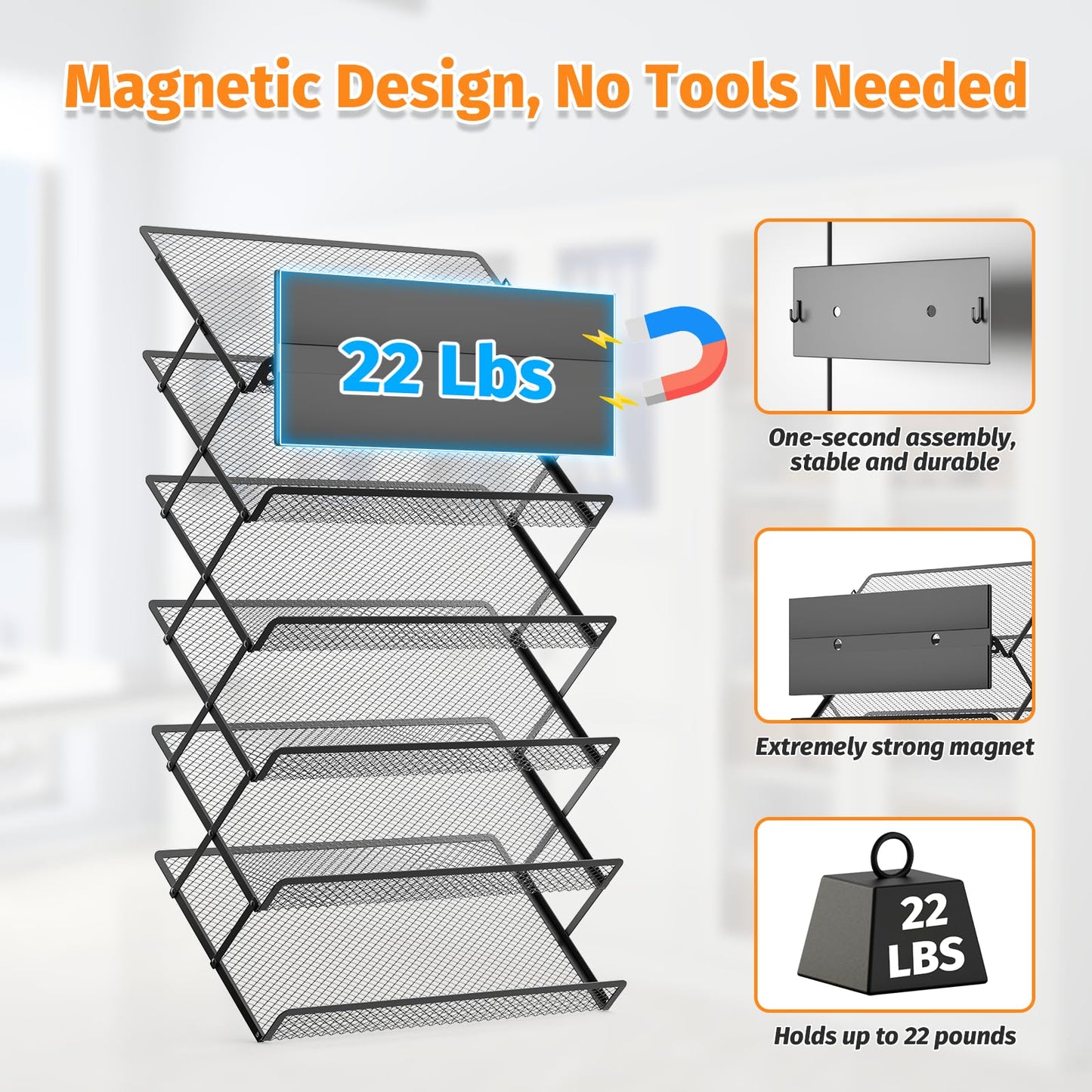 Mogbhw Magnetic File Holder, 6-Tier Foldable No Drilling Magnetic File Folder Holder, Space-Saving Black Magnetic Hanging File Organizer for Whiteboard, File Cabinets, Refrigerator, Office, Kitchen