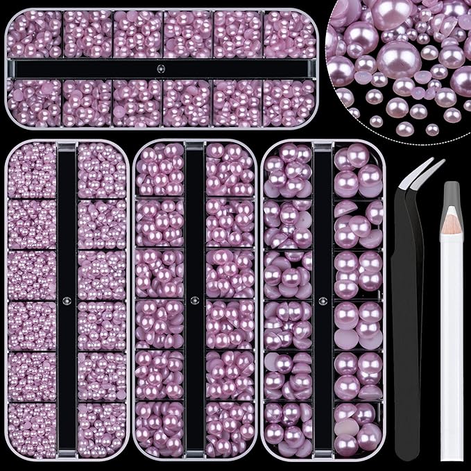 4 Boxes Flat Back Pearls Kit 10 Flatback Light Purple Half Round Pearls 3-10mm with Pickup Pencil and Tweezer for Home DIY and Professional Nail Art, Face Makeup and Craft