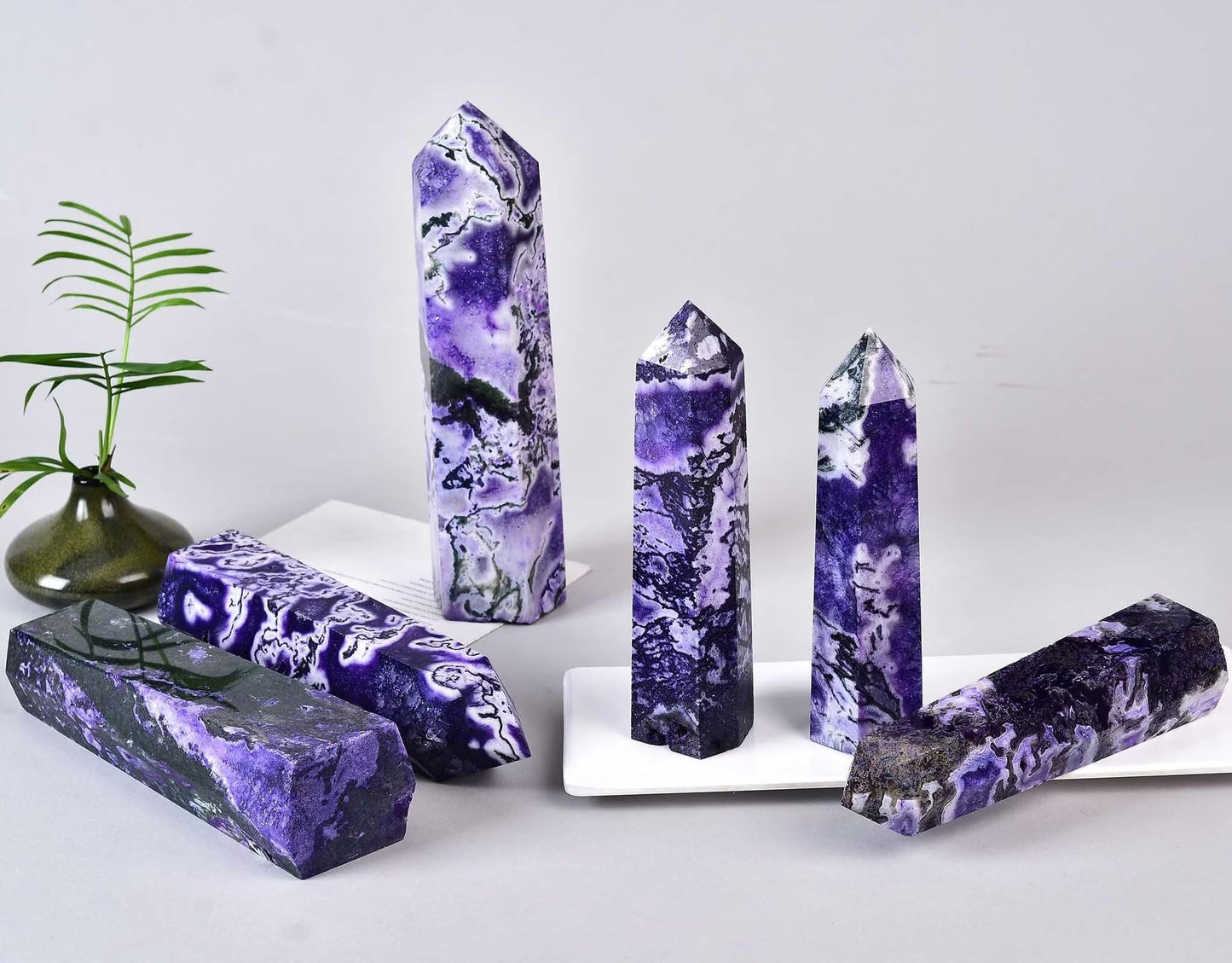 Purple Moss Agate Stone Tower Obelisk Healing Crystal Rock Point Wand Reiki Healing Gifts 1.1-1.7 LBS