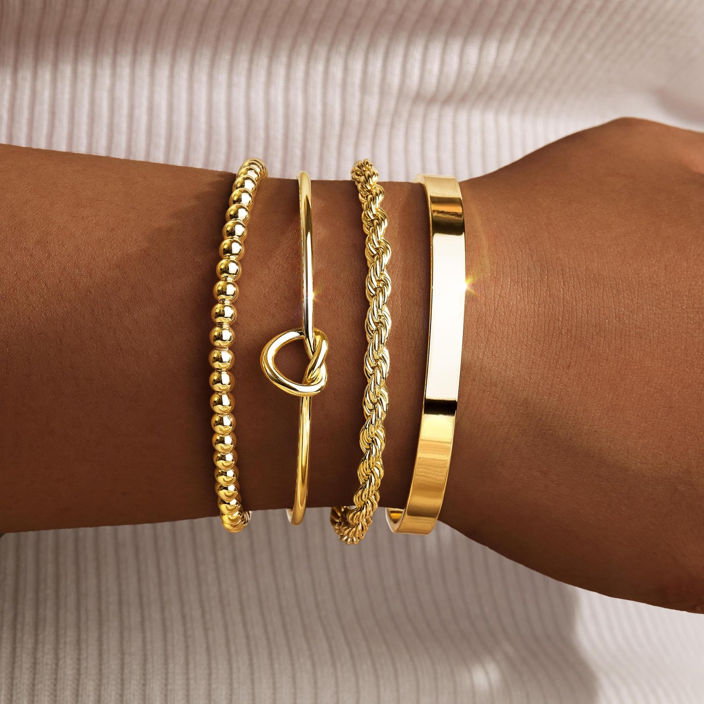 Gold Cuff Bracelets Stack for Women, 14K Real Gold Plated Bangle Link Chain Bracelets, Trendy Waterproof Jewelry Gifts Adjustable