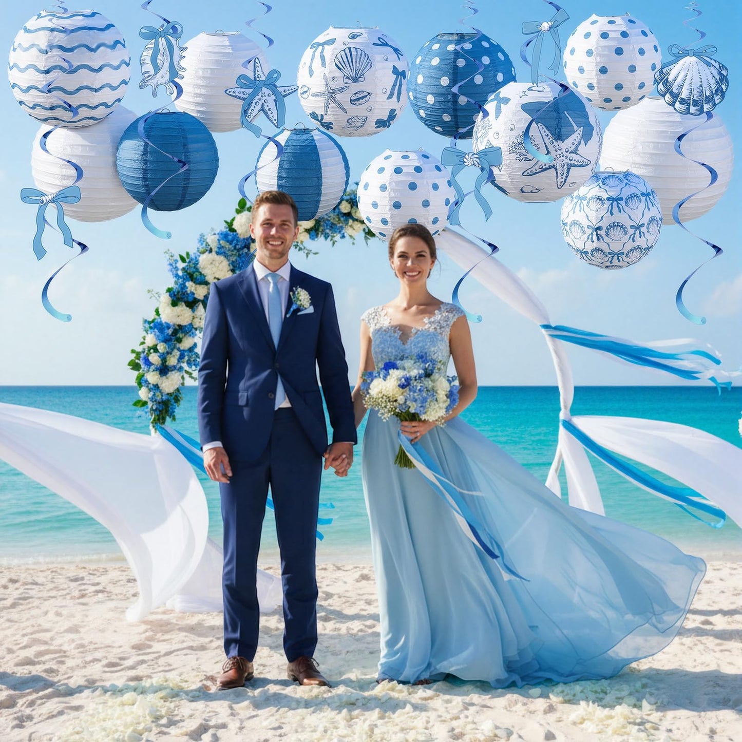 18 Pcs Summer Party Decorations Set Coastal Beach Seashell Paper Lanterns Blue Bow Starfish Hanging Swirls Ocean Nautical Pool Party Hanging Decor for Birthday Wedding Baby Shower Decor