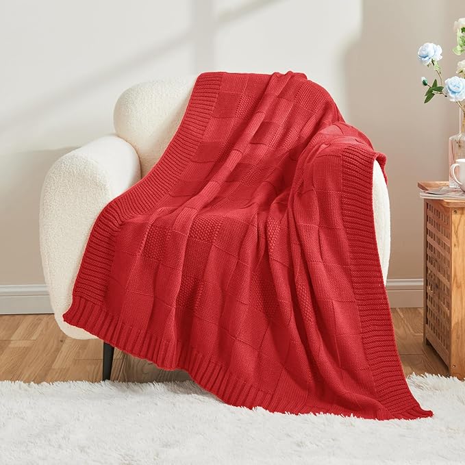 CozeCube Check Knit Throw Blanket, Christmas Red Checkered Bedroom Blanket for Couch, Soft Cozy Warm Knitted Blanket for Bed Sofa Living Room, Decorative Spring Fall Throw Blanket, 60"X80"