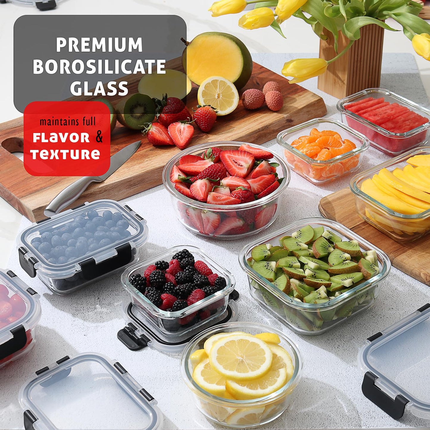 EATEX 48pc Glass Storage Containers with Lids, 24 Set Glass Food Storage Containers with 24 Airtight Lids, Pantry Kitchen Meal Prep Containers for Lunch, Freezer Storage Containers, Dishwasher Safe
