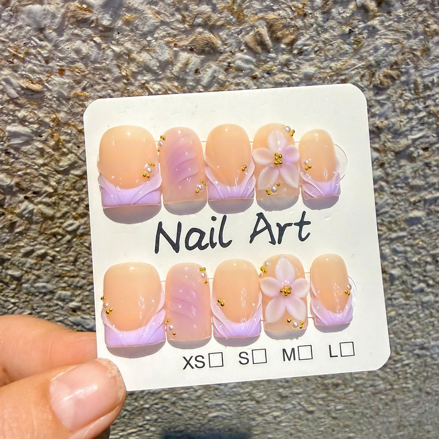 10 Pcs Handmade Press on Nails Short Square Fake Nails with Purple French Tip Design 3D Flower False Nails Nude Acrylic Short Press Ons Nails Square M Size for Women Manicure