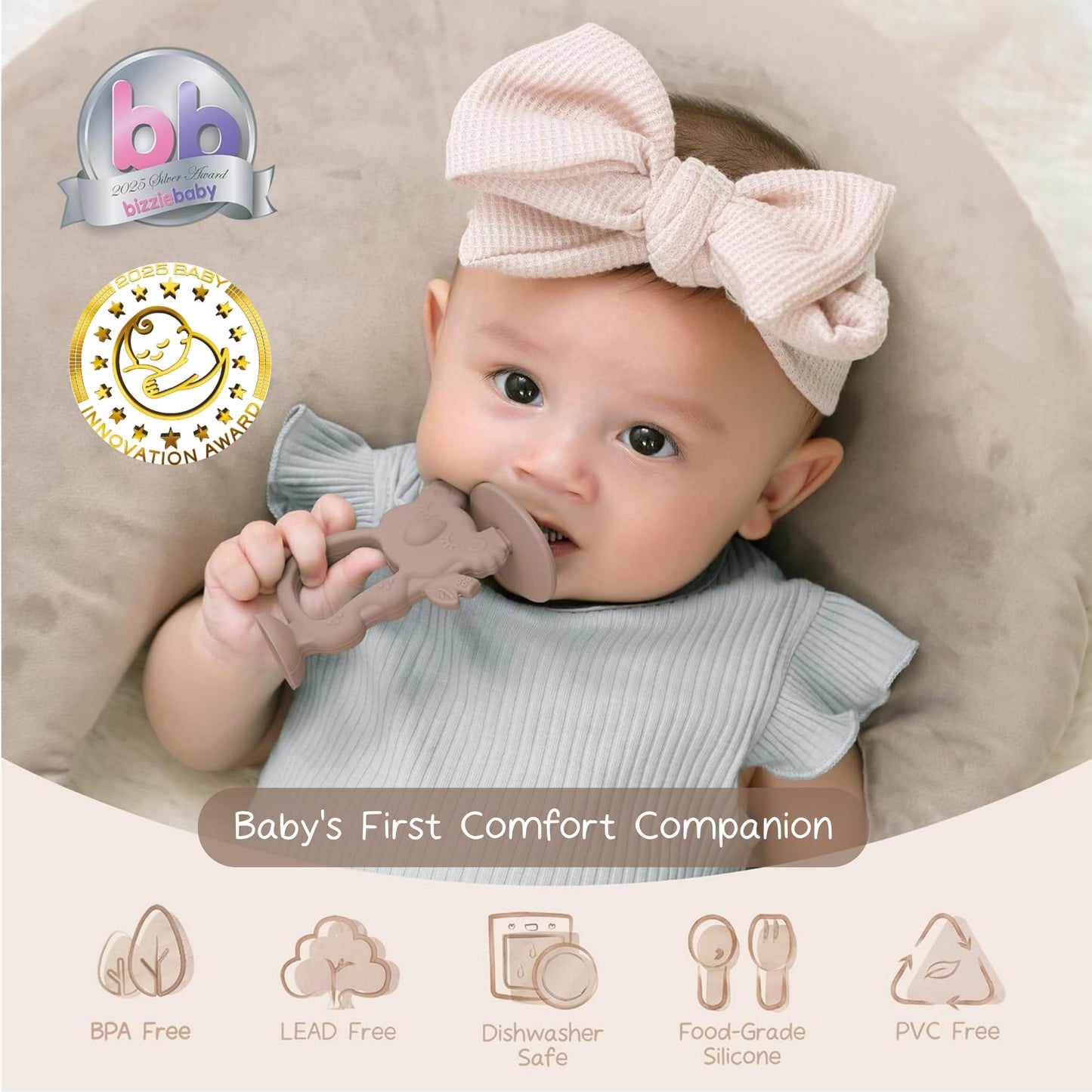 Moonkie Teething Toy, Safe & Easy to Hold BPA Free Silicone Teethers, 360° Baby Toothbrush with Suction Base, Teether Toys Best for Babies 6-12 Months (Koala Warm Taupe)