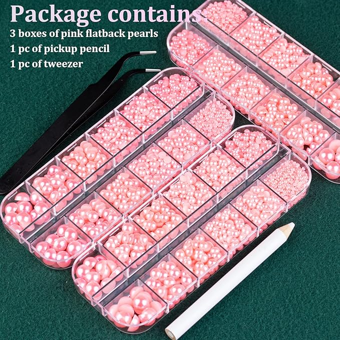 Belleboost Flat Back Pearls Kits 3 Boxes of Flatback Pink Half Round Pearls with Pickup Pencil and Tweezer for Home DIY and Professional Nail Art, Face Makeup and Craft
