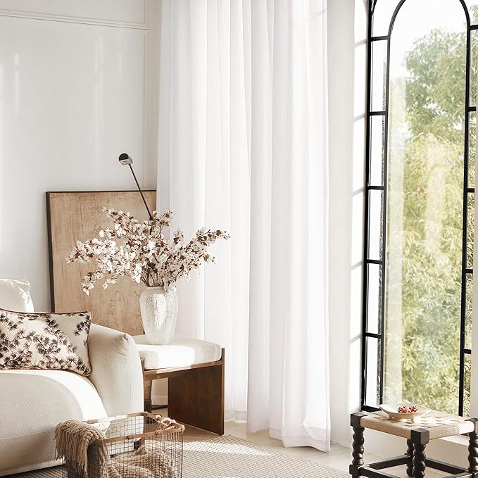 White Curtains 96 inches Long 2 Panels Back Tab Light Filtering Cotton Textured Curtain Modern Farmhouse Coastal Decor Off White Linen Drapes 96 inch Length for Patio Sliding Door Office 60x96