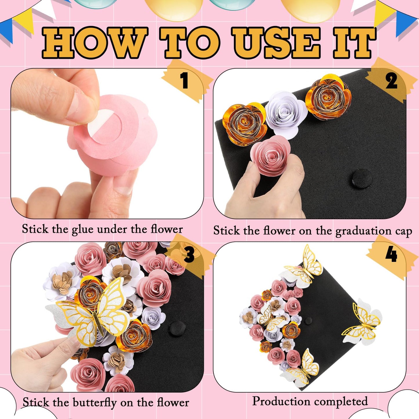 Dinifee 36 Pcs DIY Graduation Cap Decorations Accessory Kit Include Faux Paper Flower Heads 3D Butterfly Grad Cap Mini Paper Flowers Decorations for Grad Cap Topper DIY Graduation Gift(Pink, Gold)