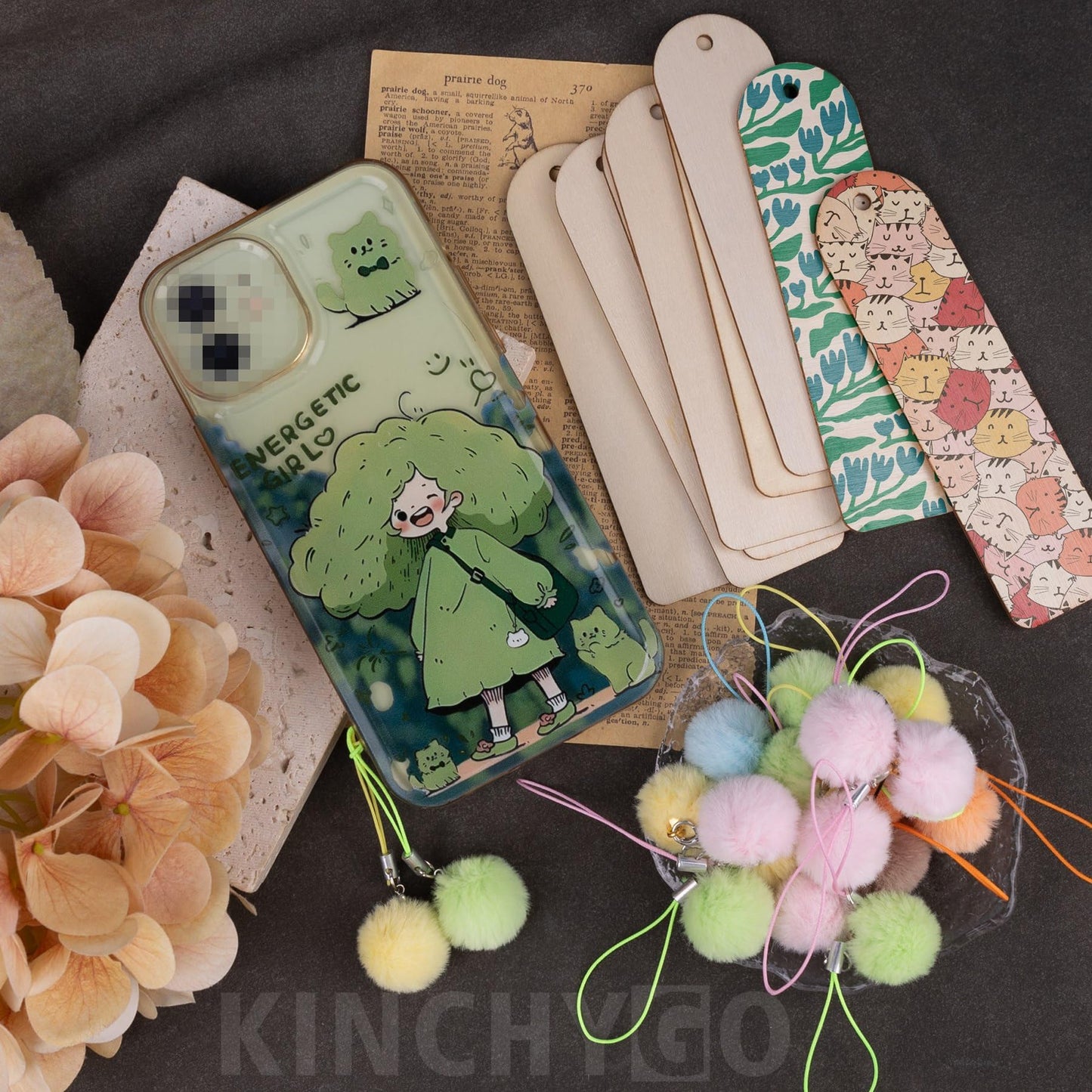 KINCHYGO, 50 Set Wooden Bookmarks Blank Unfinished Blank Bookmarks with Colorful Pom Pom Bookmark Tassels for DIY Crafts