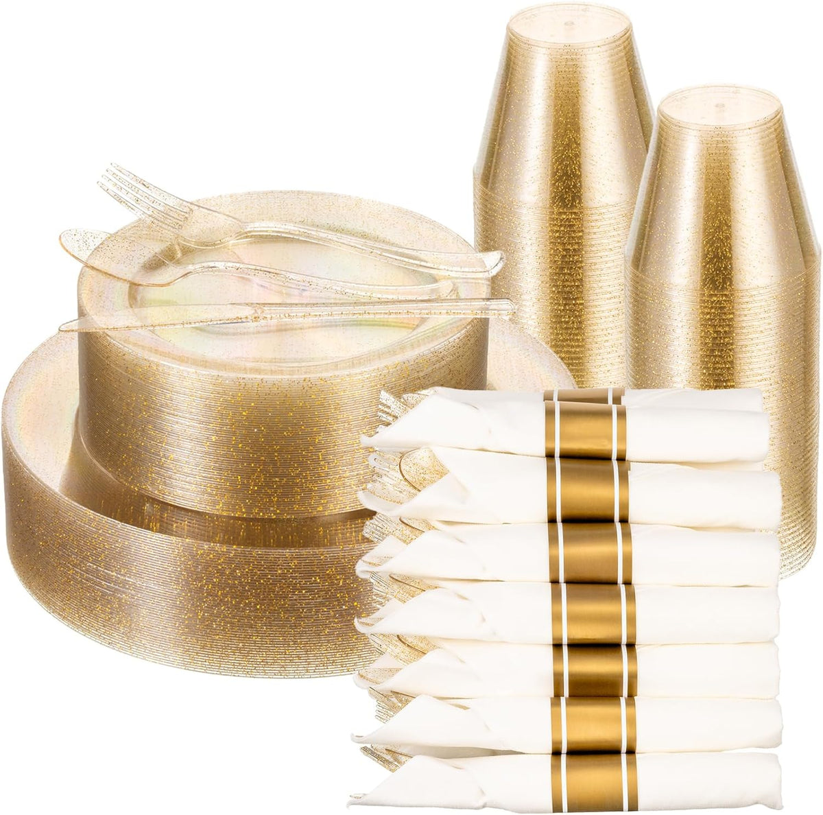 350 PCS Transparent Base With Pink Tint Plastic Dinnerware Set for 50 Guests, 100 Plates for Party, 50 Pre Rolled Napkins with Gold Silverware, 50 Cups