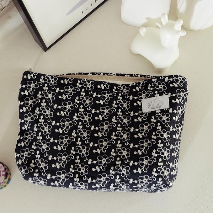 HAPPYHEIDI Soft Embroidered Floral Makeup Bag Cosmetic Travel Pouch, Canvas Lined, Make Up Purse Organizer,Cute Black