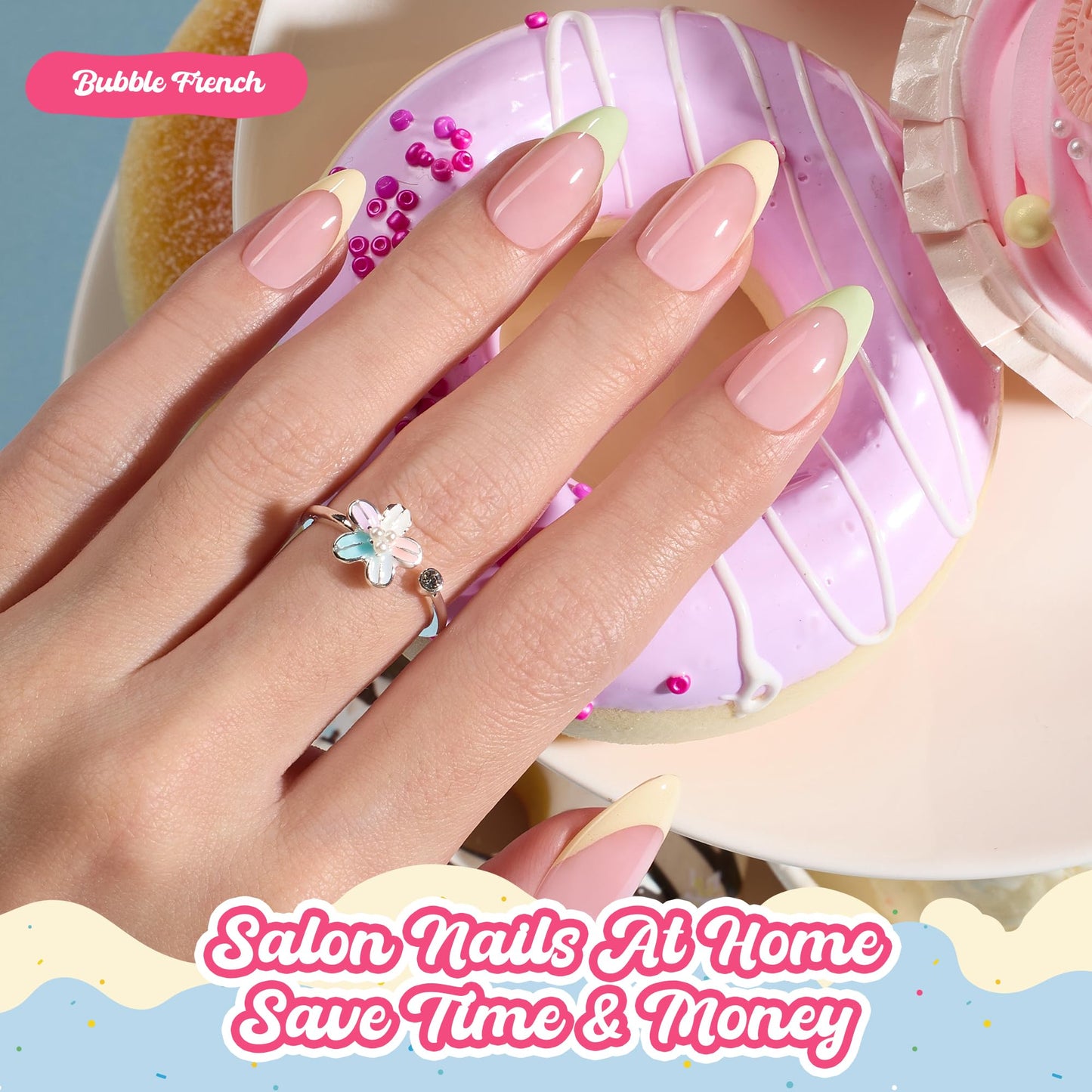 Beetles French Tips Press On Nails - Pastel Spring Medium Almond 6 Colors 192 Pcs with Summer Press On Nails 224 Pcs 7 Colors French Tip Medium Almond