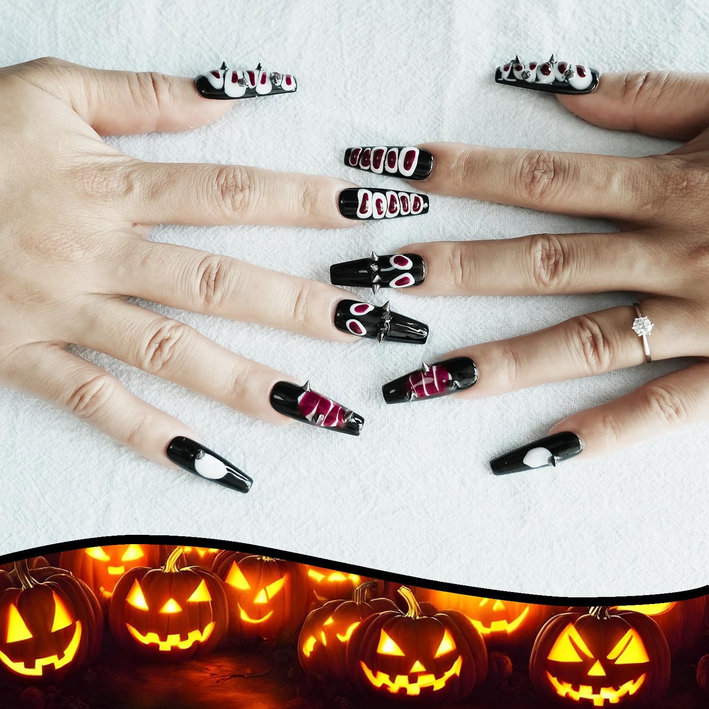 Tesytto Snake Press on Nails Long Coffin Y2K Edgy Design - 3D Metal Studs Charms Punk Goth False Nails, Reusable False Nails for Halloween, Parties (Snake Skin,M)