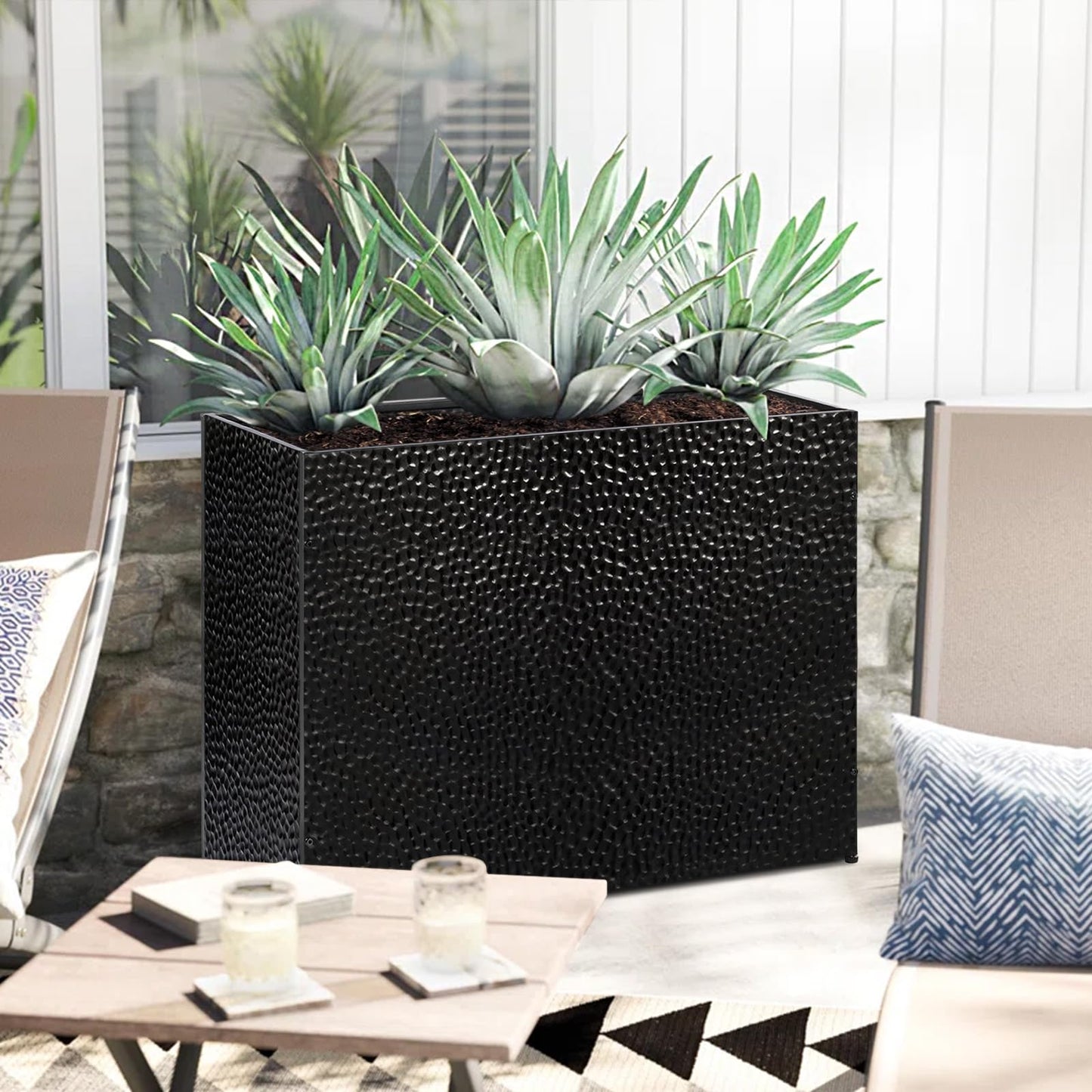 Tall Planters for Outdoor Plants - Hand-Hammered Metal Large Rectangular Block Planter Box with Drainage Holes, Modern Planters Indoor Outdoor Flower Plant Pots Patio Yard Front Porch Deck,32x12x24"