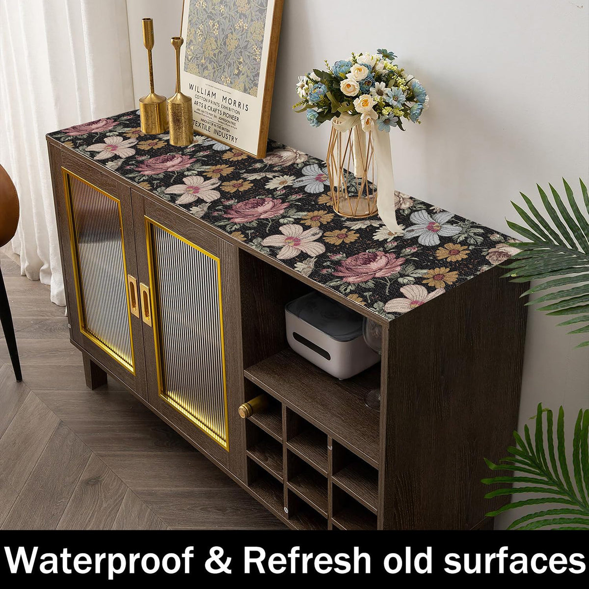 Black Retro Floral Shelf Drawer Liner for Kitchen 12IN x 20FT (19.36 Sq Ft)
