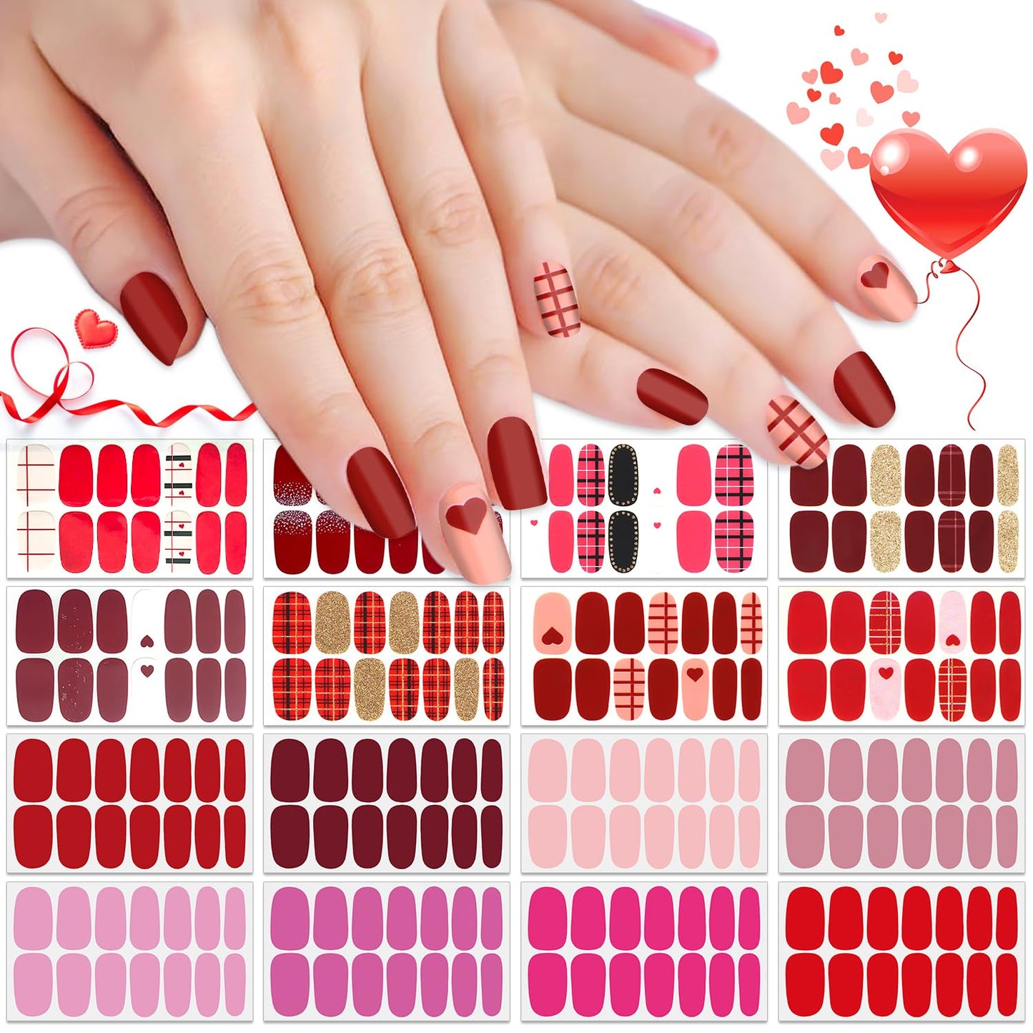 SILPECWEE 16 Sheets Nail Polish Strips Red Plaid Solid Color Nail Wraps for Women Self Adhesive Nail Polish Stickers Gel Nail Strips Fingernail Manicure Sticker Nail Art