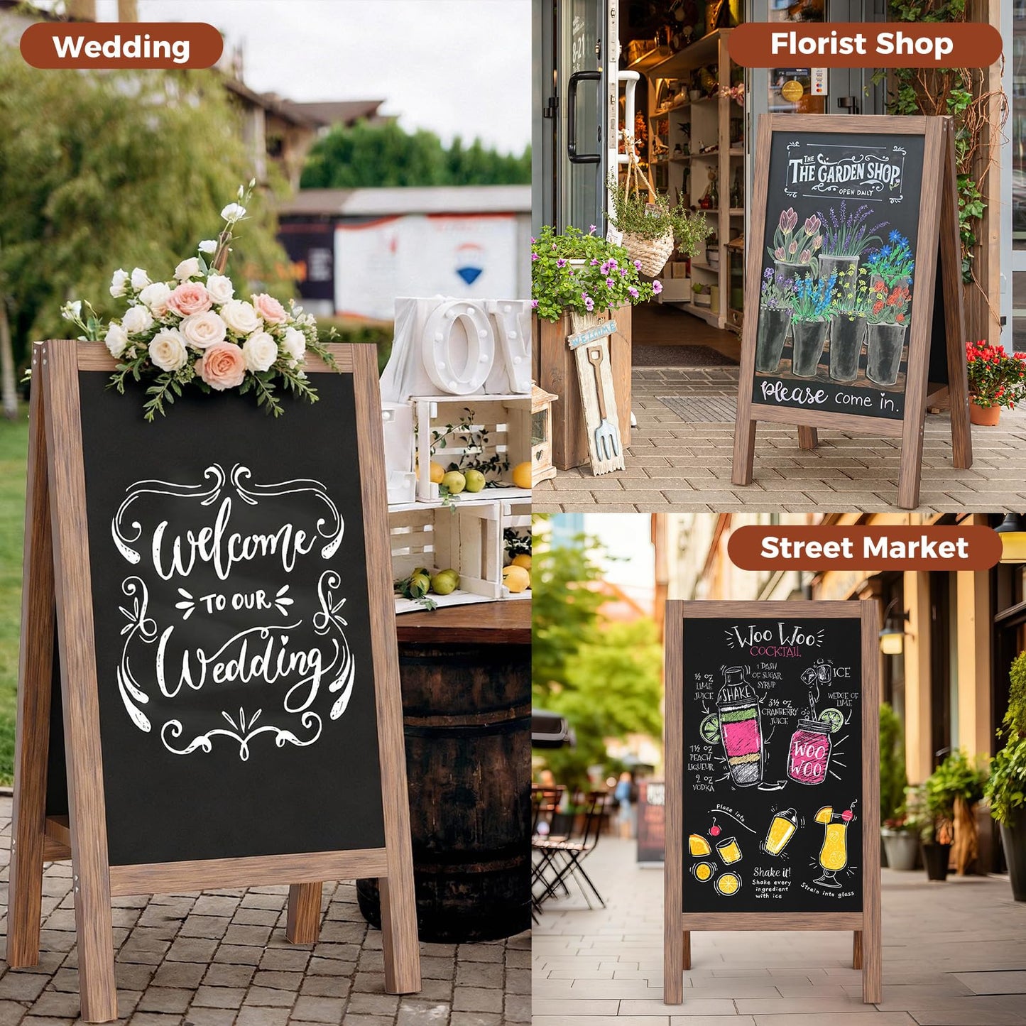 Solid Wood A Frame Chalkboard Sign 40"x20", Magnetic Double Sided Sandwich Board, Upgraded Bottom Brace Stable Sidewalk Sign with 8 Liquid Chalk for Cafe Restaurant Wedding Home Business