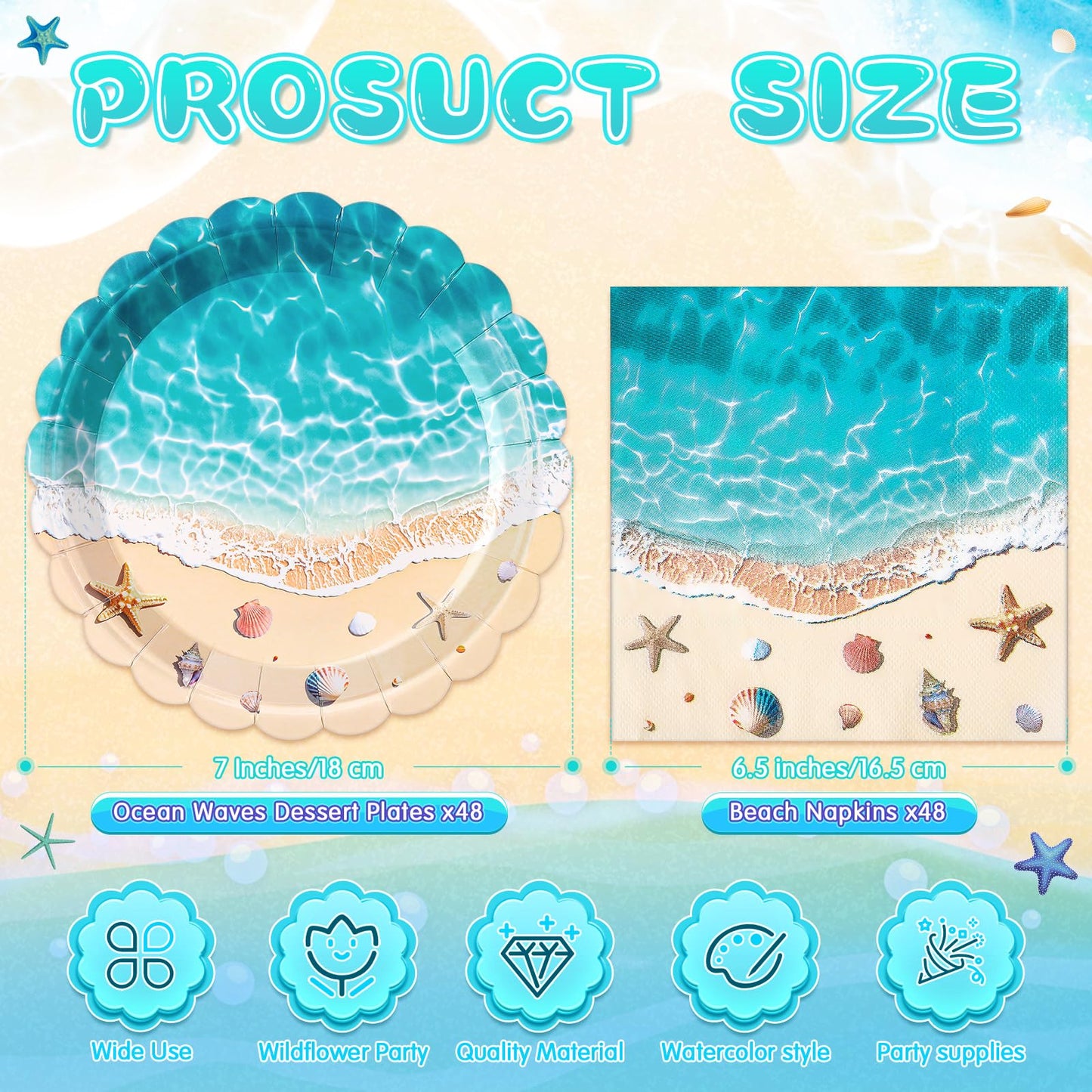 Funnymoom 96 Pieces Summer Beach Ocean Tableware Set for 48 Guests Include 48 Pcs 7 Inch Dessert Plates and 48 Napkins Watercolor Disposable Dinnerware for Hawaiian Holiday Birthday Party Supplies
