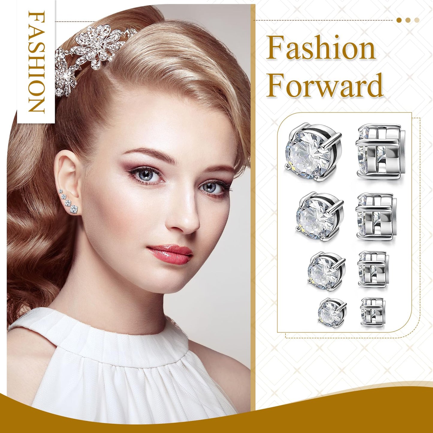 Magnetic Non-piercing Clip On Earrings: Stainless Steel 5-8mm CZ Inlay Round Fake Cheater Studs for Men Women, 4 Pairs Silver
