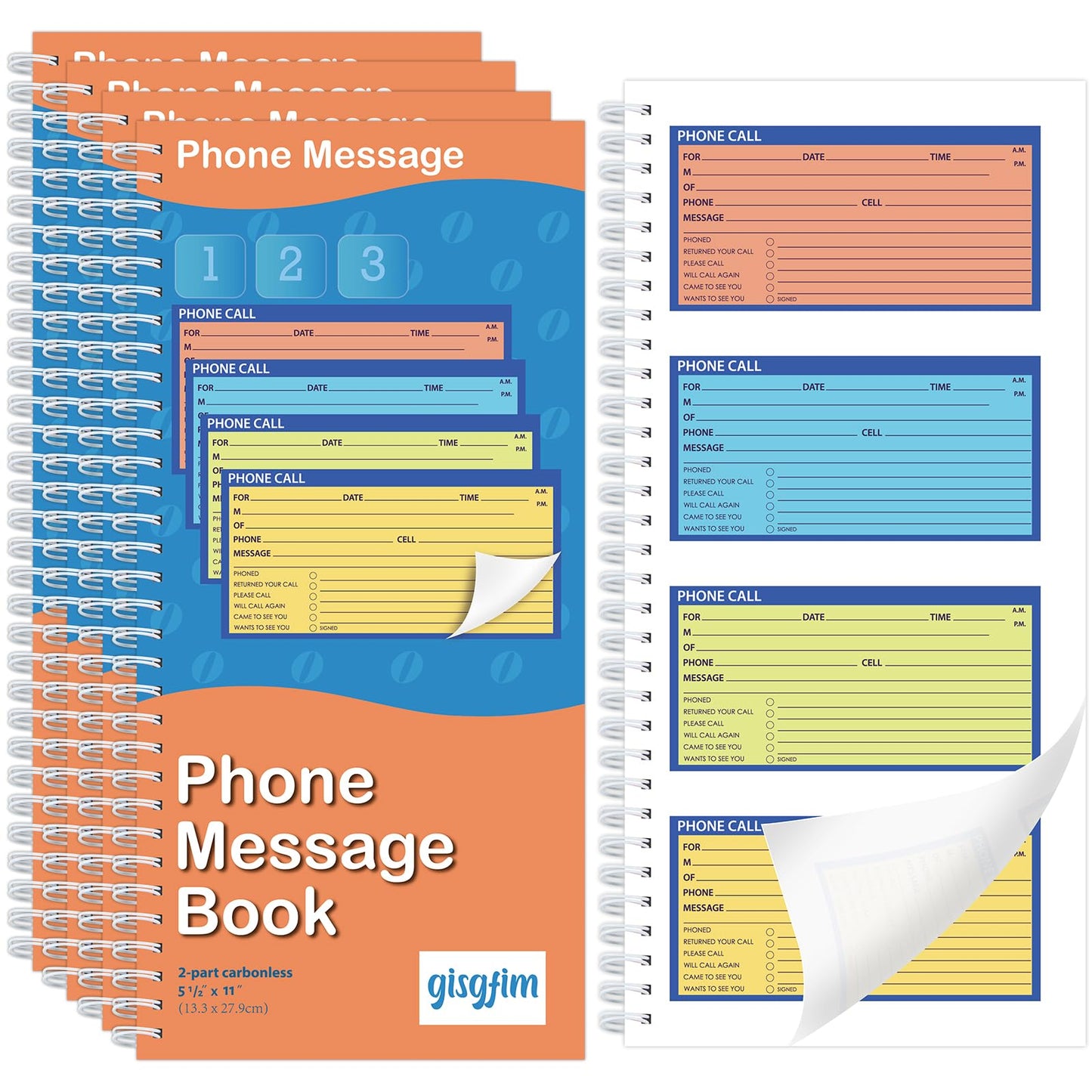 Spiral Bound Phone Message Book 5-1/4x11inch Phone Message Forms Book 2 Part Carbonless Phone Message Pads Phone Call Log Book Voicemail Log Book While You Were Out Message Pad 4 Messages/Page