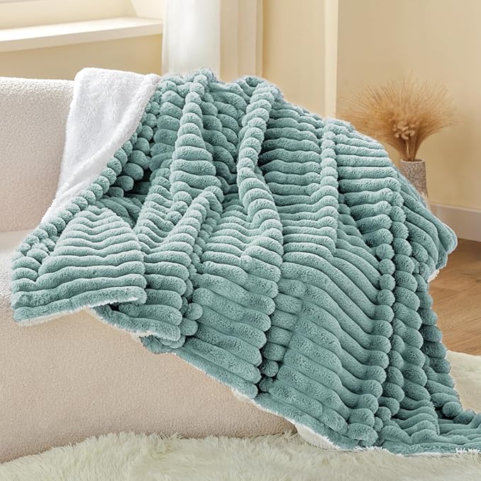 INFIIXSO Sherpa Throw Blanket for Couch - Super Soft & Warm Striped Fleece Blanket, Cozy Plush Fluffy Blanket All Season Use (Haze Blue, 50x60 Inches)
