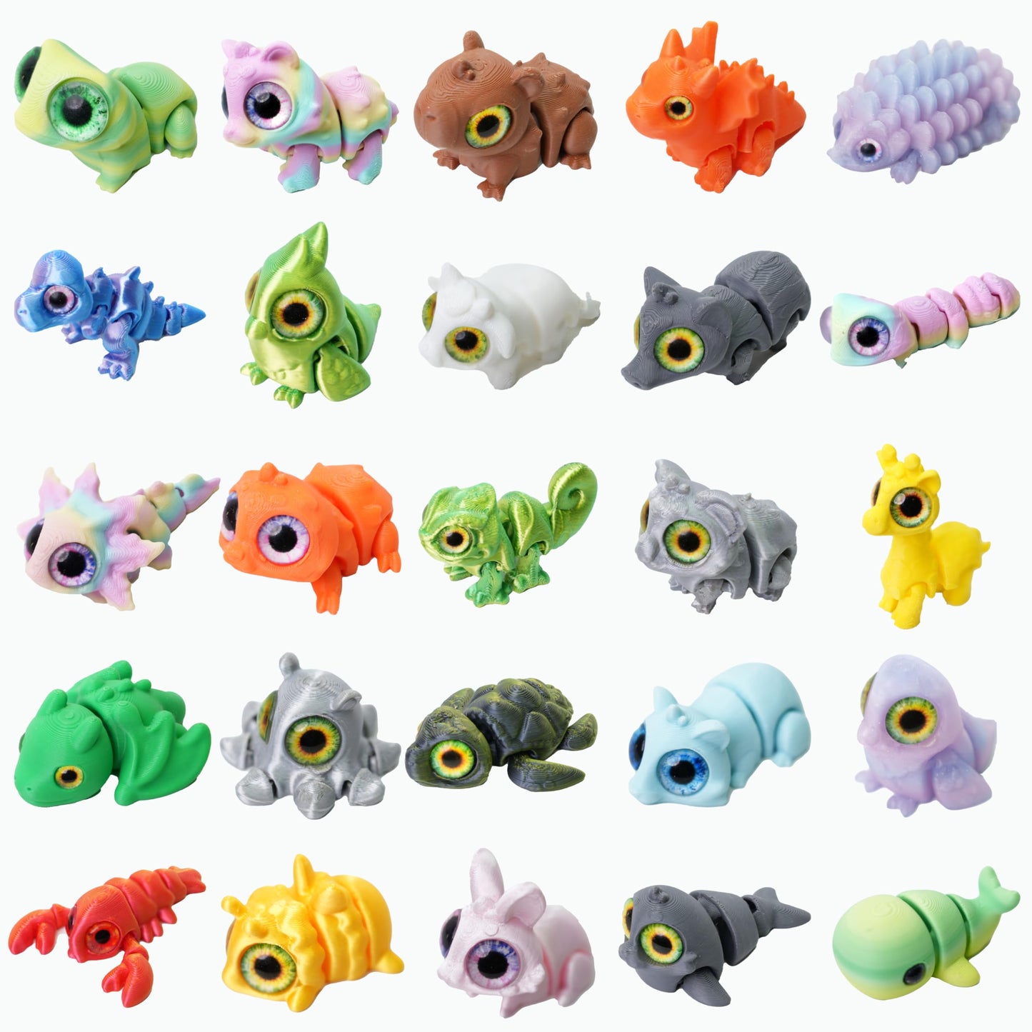 Laehovr 25PC Mini 3D Printed Animals Set with Shining Eyes - Articulated Desk Pets Collection, Mini Animals Figures for Classroom Rewards Bulk, Pocket Pets Fidget Toys Gift