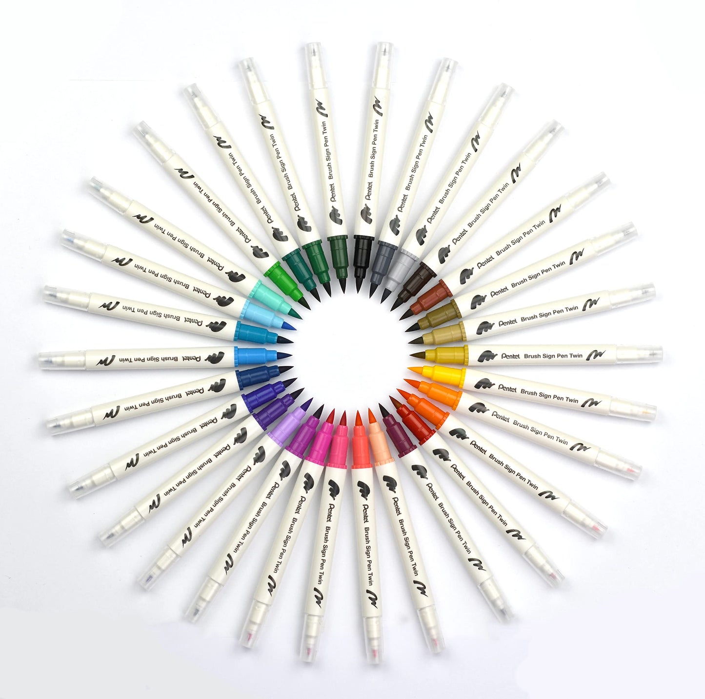 Pentel SESW30C-30 Brush Sign Pen Twin, 30 Colour Set, Fibre Tip Pens with Two Flexible Tips, Water-based Ink, Assorted, Pack of 30
